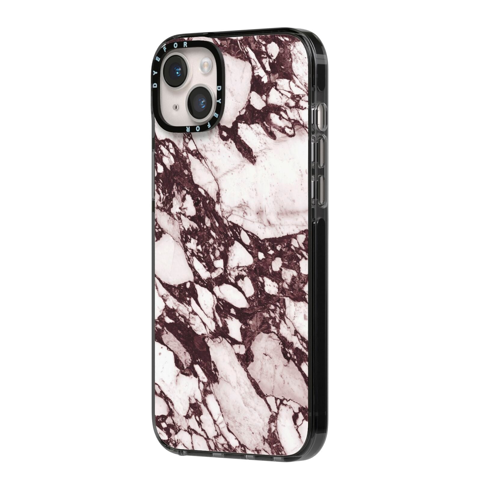 Viola Marble iPhone 14 Plus Black Impact Case Side Angle on Silver phone