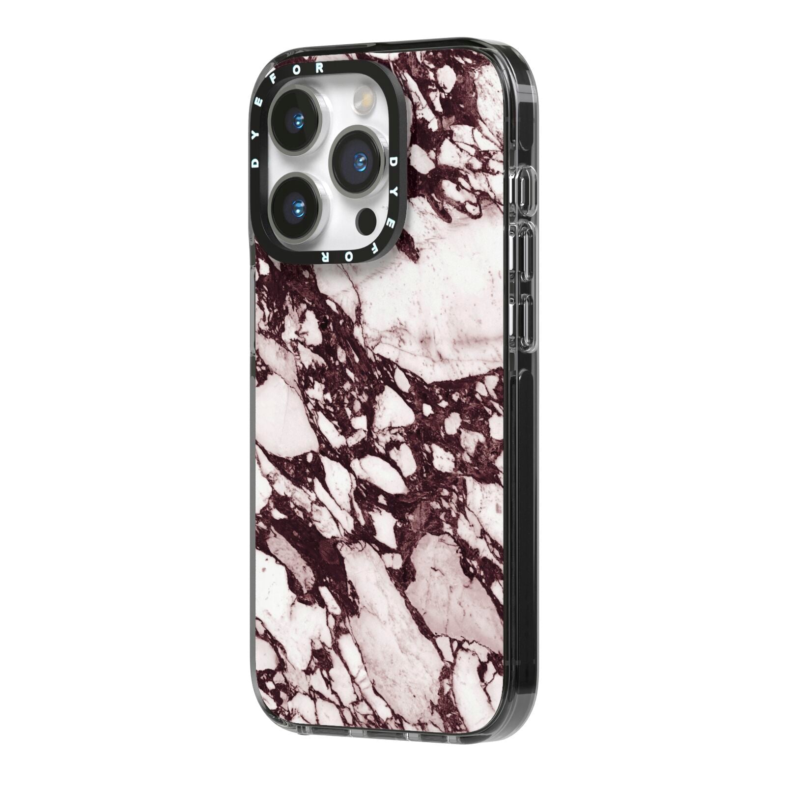 Viola Marble iPhone 14 Pro Black Impact Case Side Angle on Silver phone