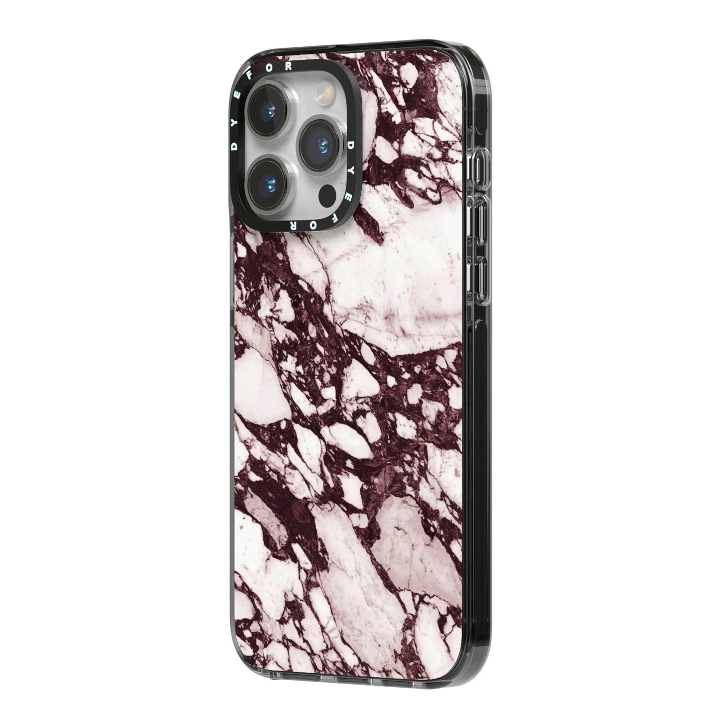 Viola Marble iPhone 14 Pro Max Black Impact Case Side Angle on Silver phone