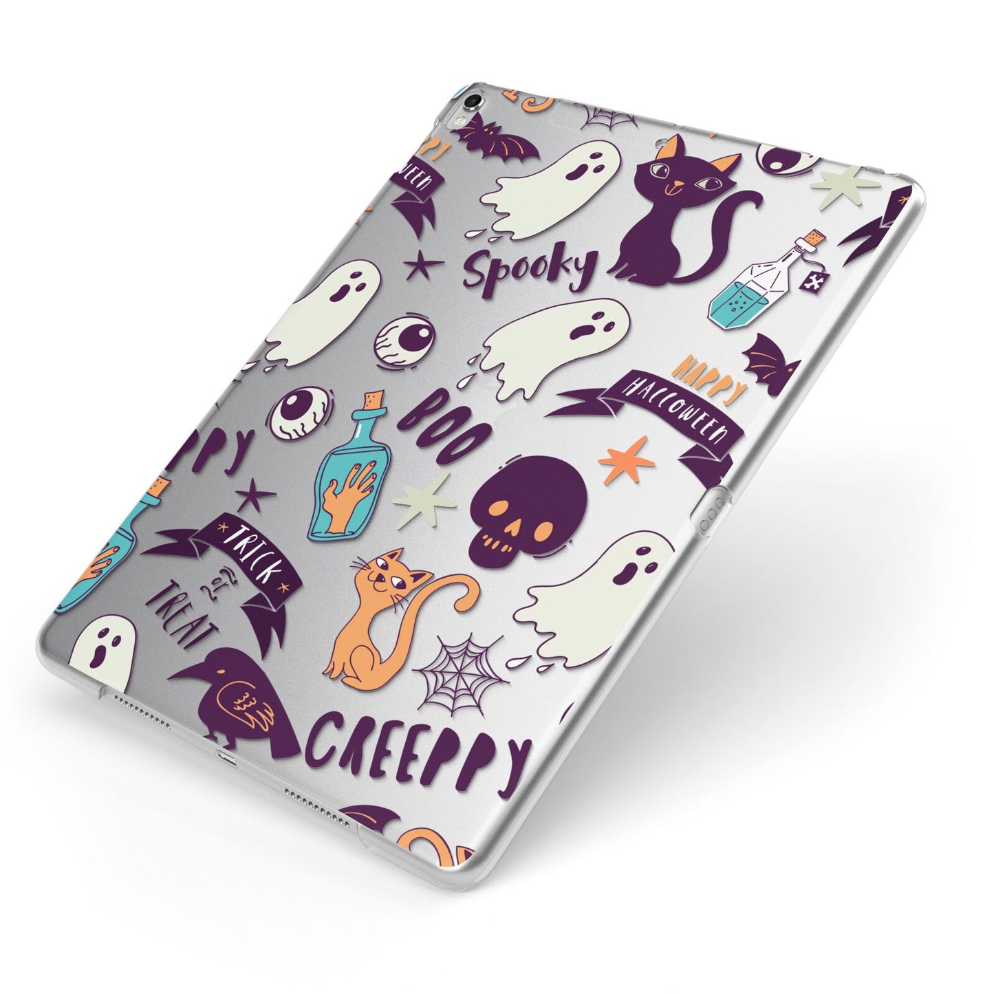 Wacky Purple and Orange Halloween Images Apple iPad Case on Silver iPad Side View