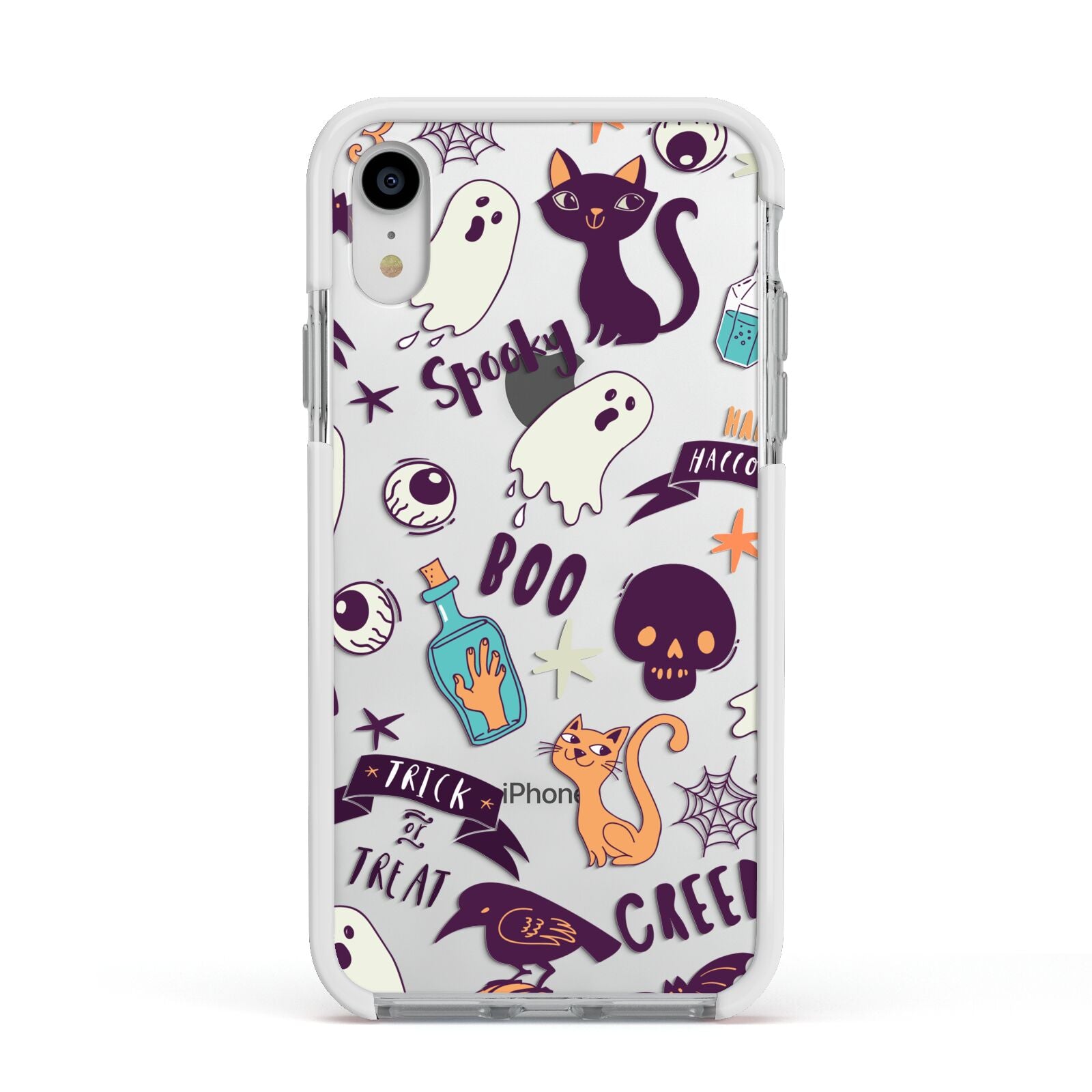 Wacky Purple and Orange Halloween Images Apple iPhone XR Impact Case White Edge on Silver Phone
