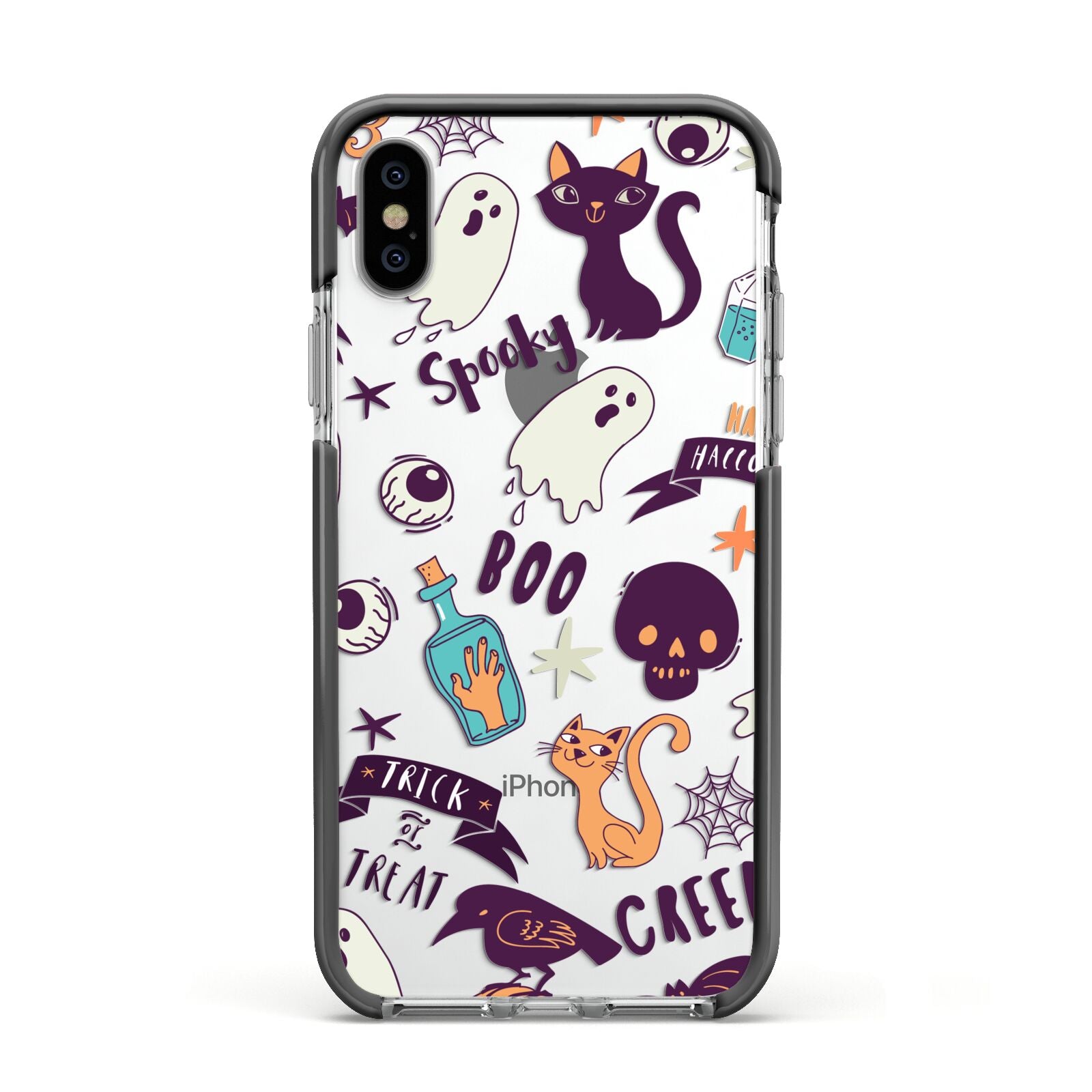 Wacky Purple and Orange Halloween Images Apple iPhone Xs Impact Case Black Edge on Silver Phone