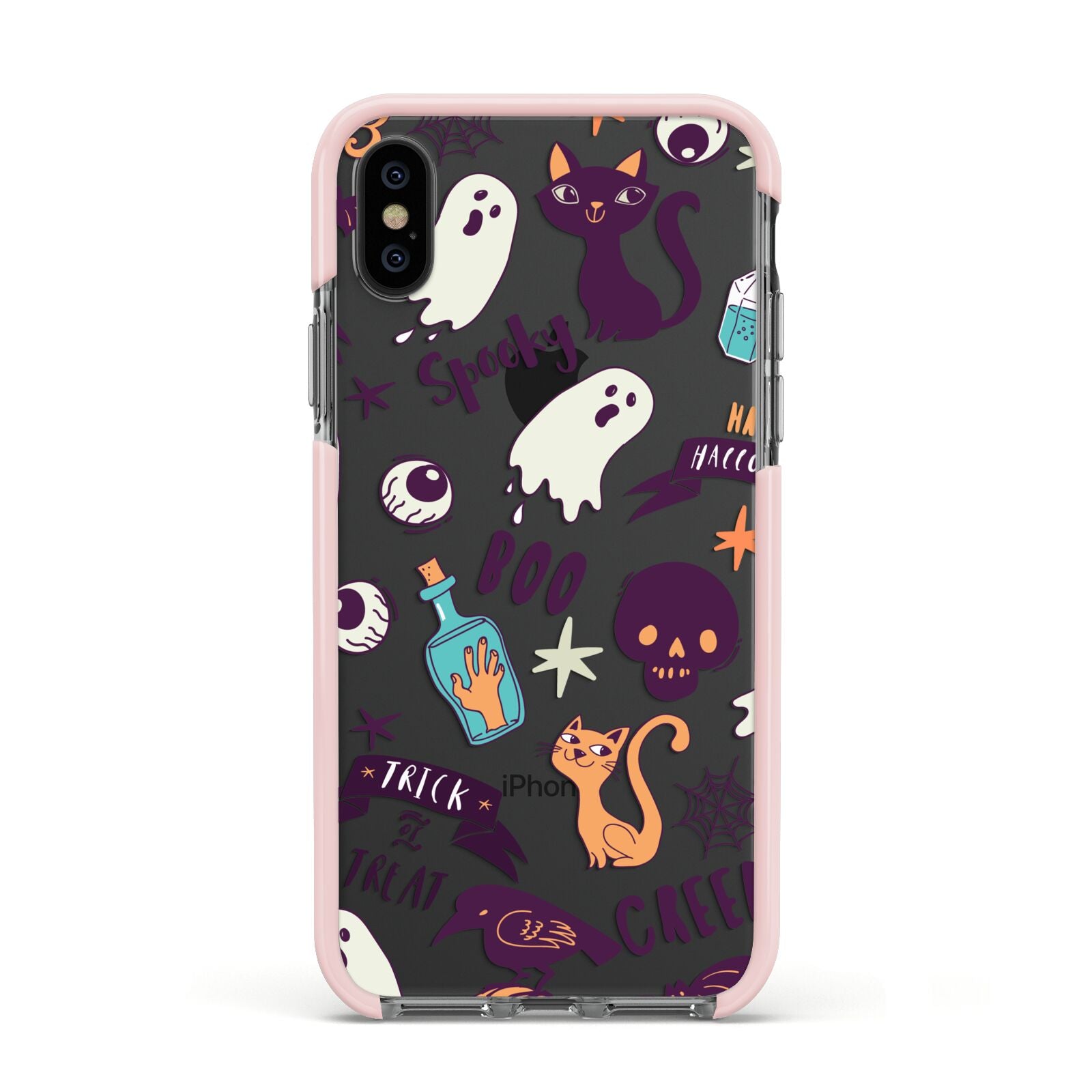 Wacky Purple and Orange Halloween Images Apple iPhone Xs Impact Case Pink Edge on Black Phone