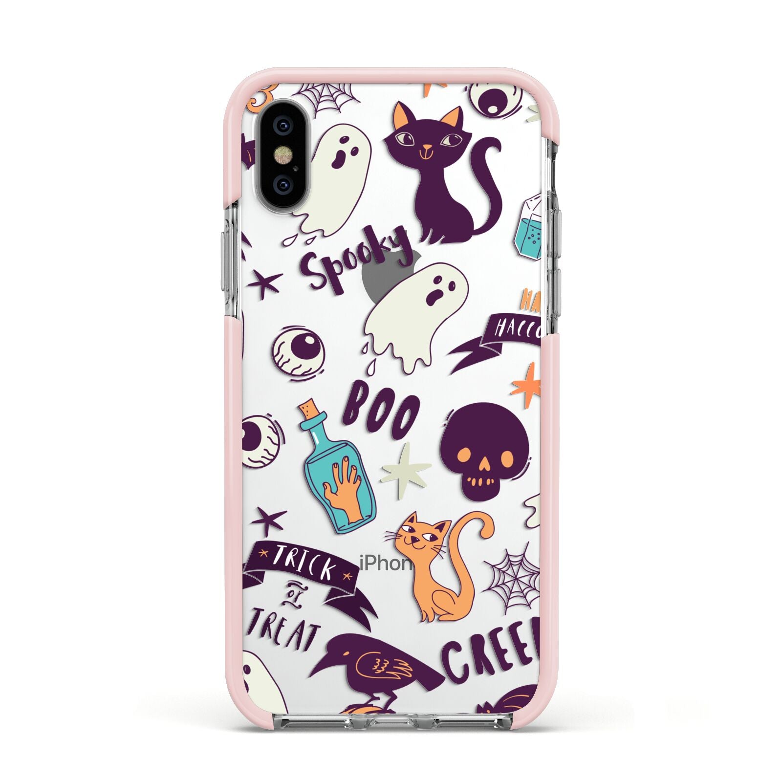 Wacky Purple and Orange Halloween Images Apple iPhone Xs Impact Case Pink Edge on Silver Phone