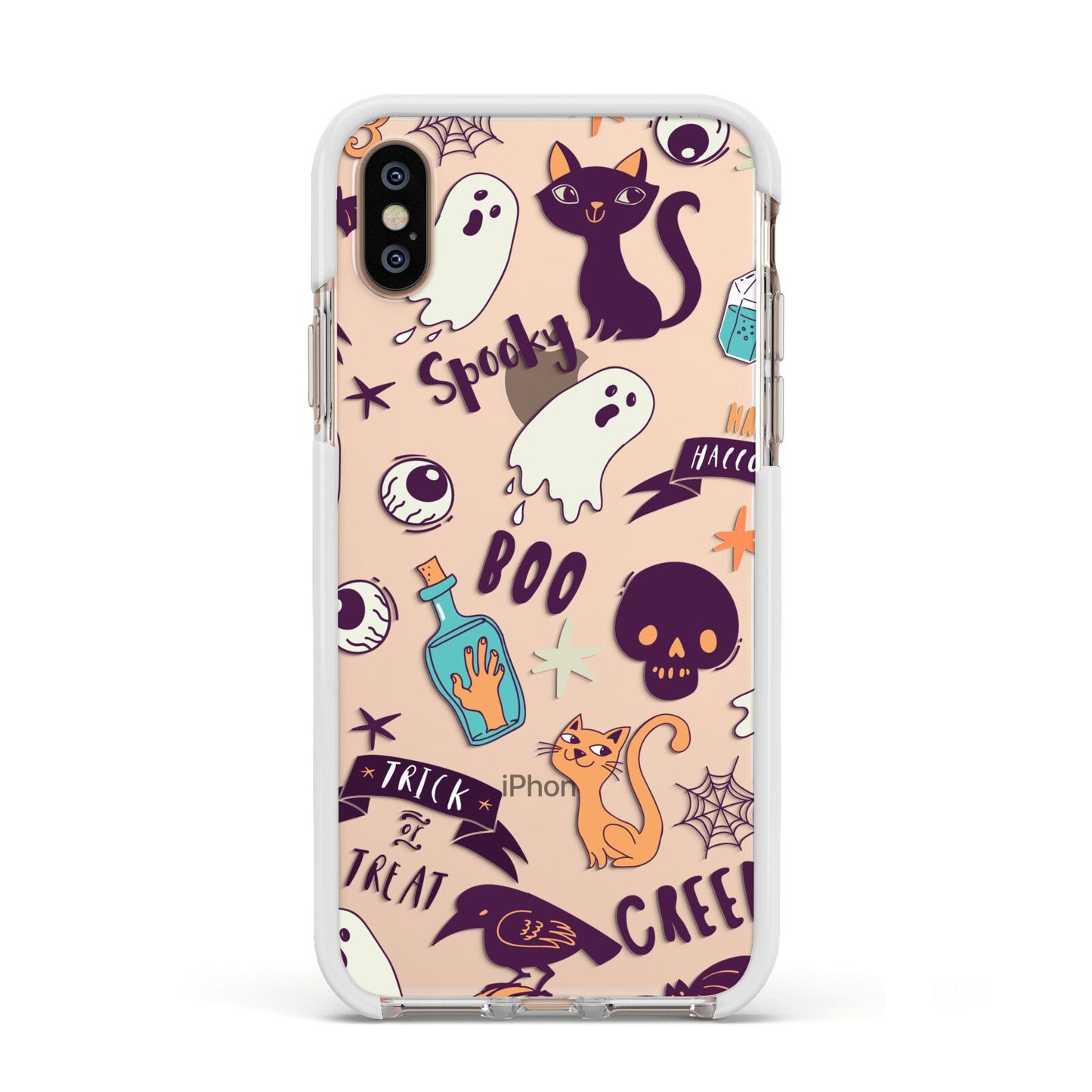 Wacky Purple and Orange Halloween Images Apple iPhone Xs Impact Case White Edge on Gold Phone