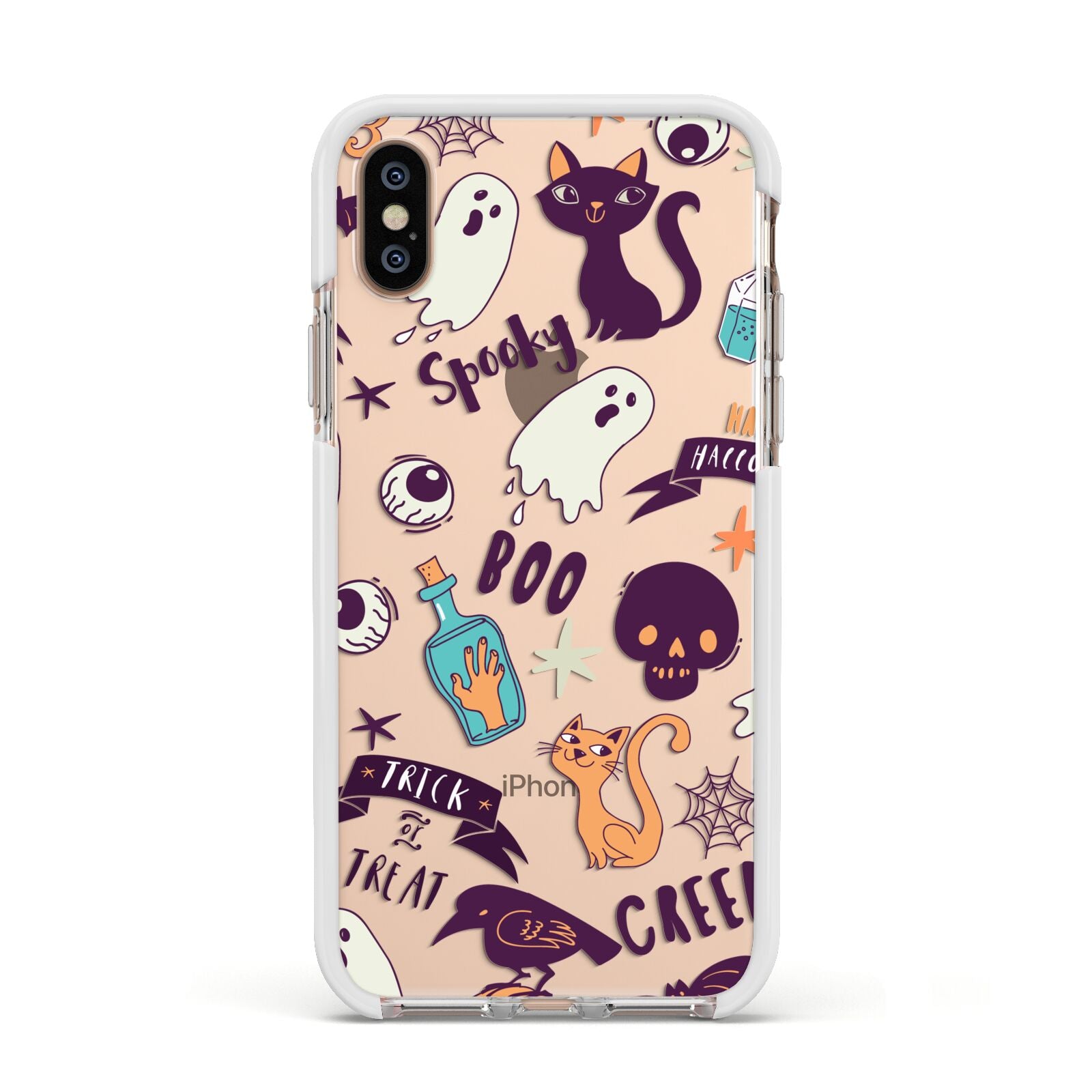 Wacky Purple and Orange Halloween Images Apple iPhone Xs Impact Case White Edge on Gold Phone