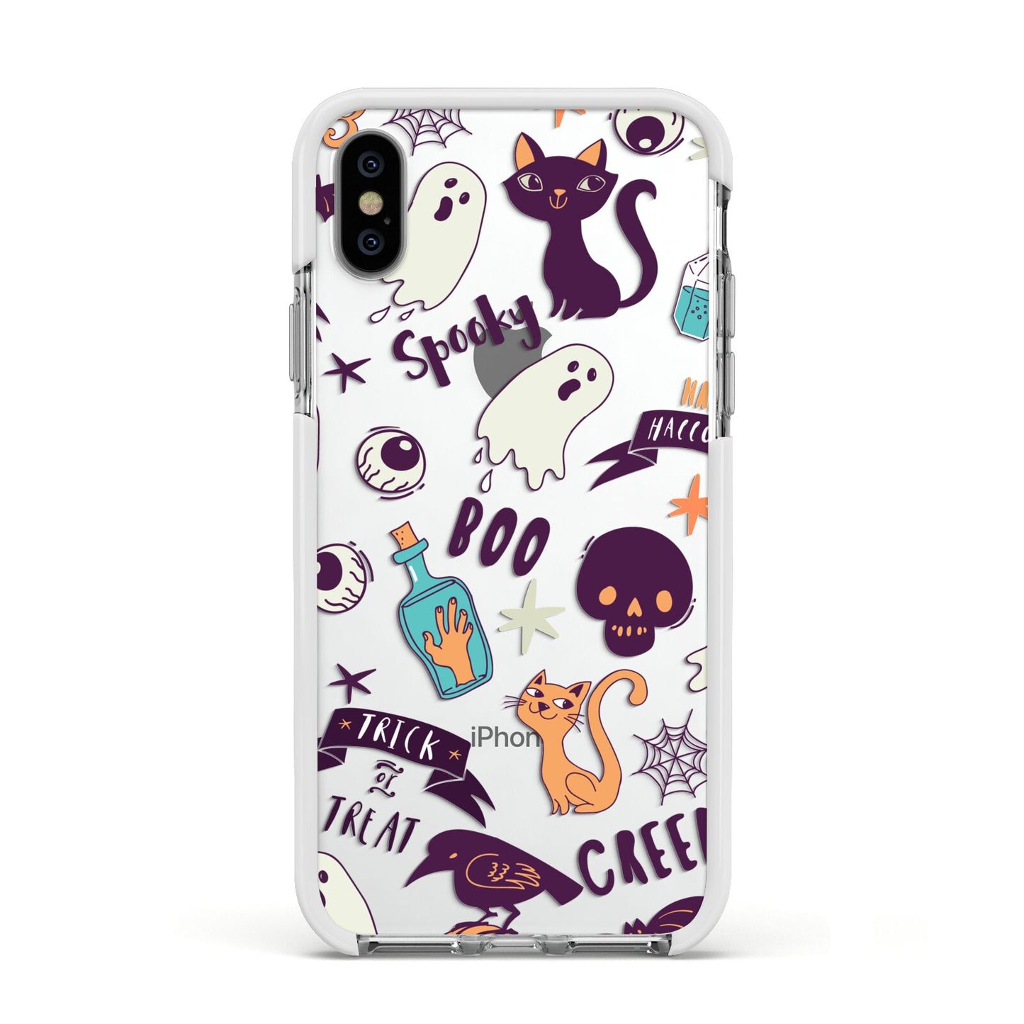 Wacky Purple and Orange Halloween Images Apple iPhone Xs Impact Case White Edge on Silver Phone