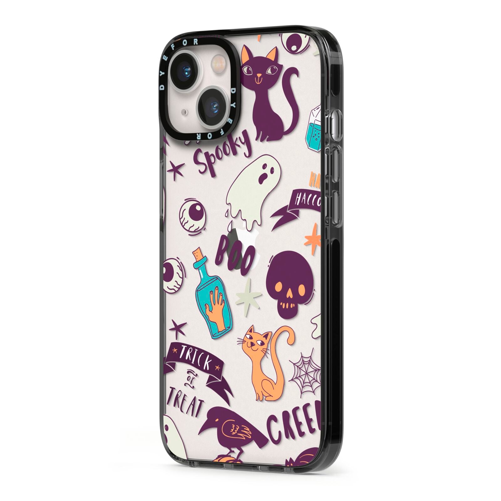 Wacky Purple and Orange Halloween Images iPhone 13 Black Impact Case Side Angle on Silver phone