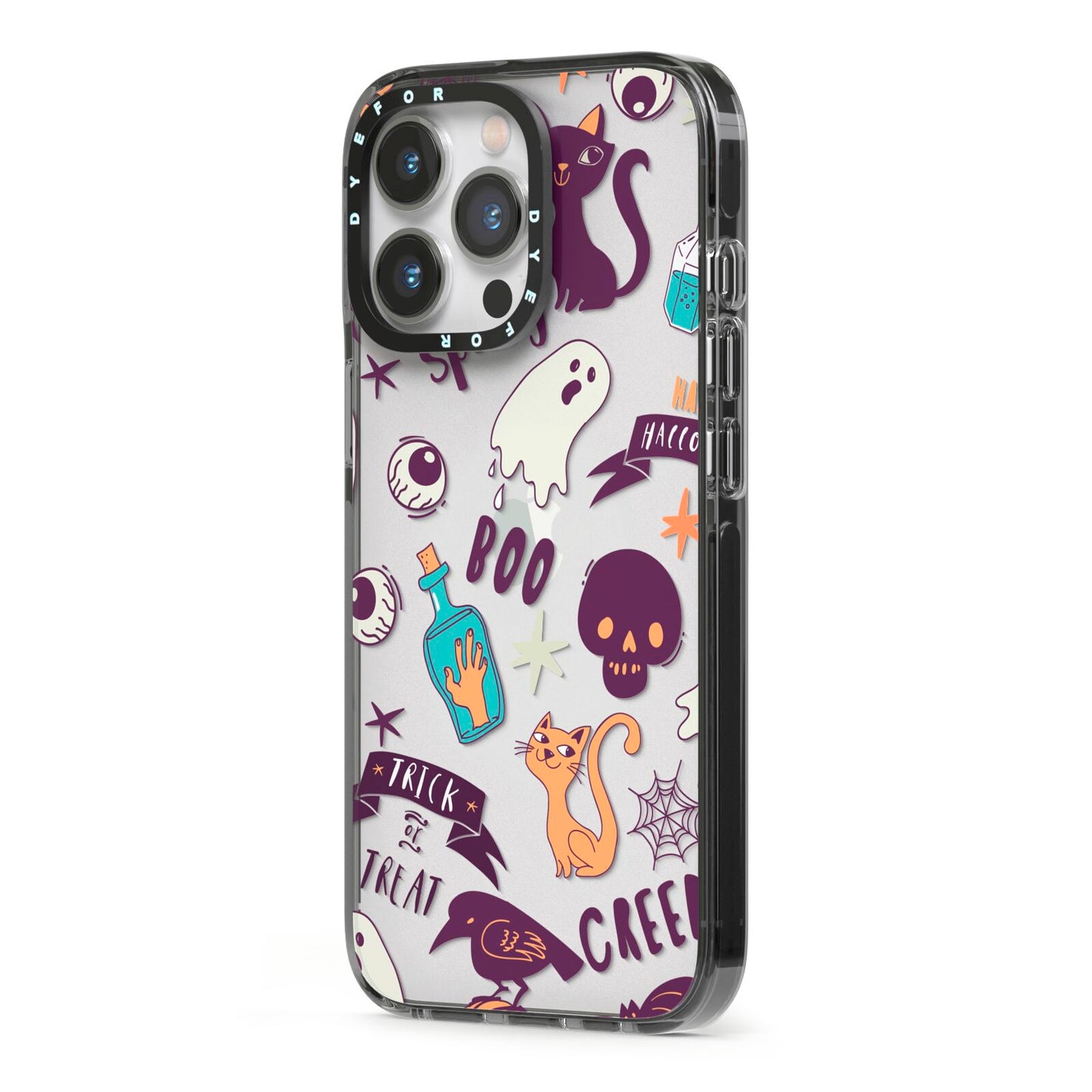 Wacky Purple and Orange Halloween Images iPhone 13 Pro Black Impact Case Side Angle on Silver phone