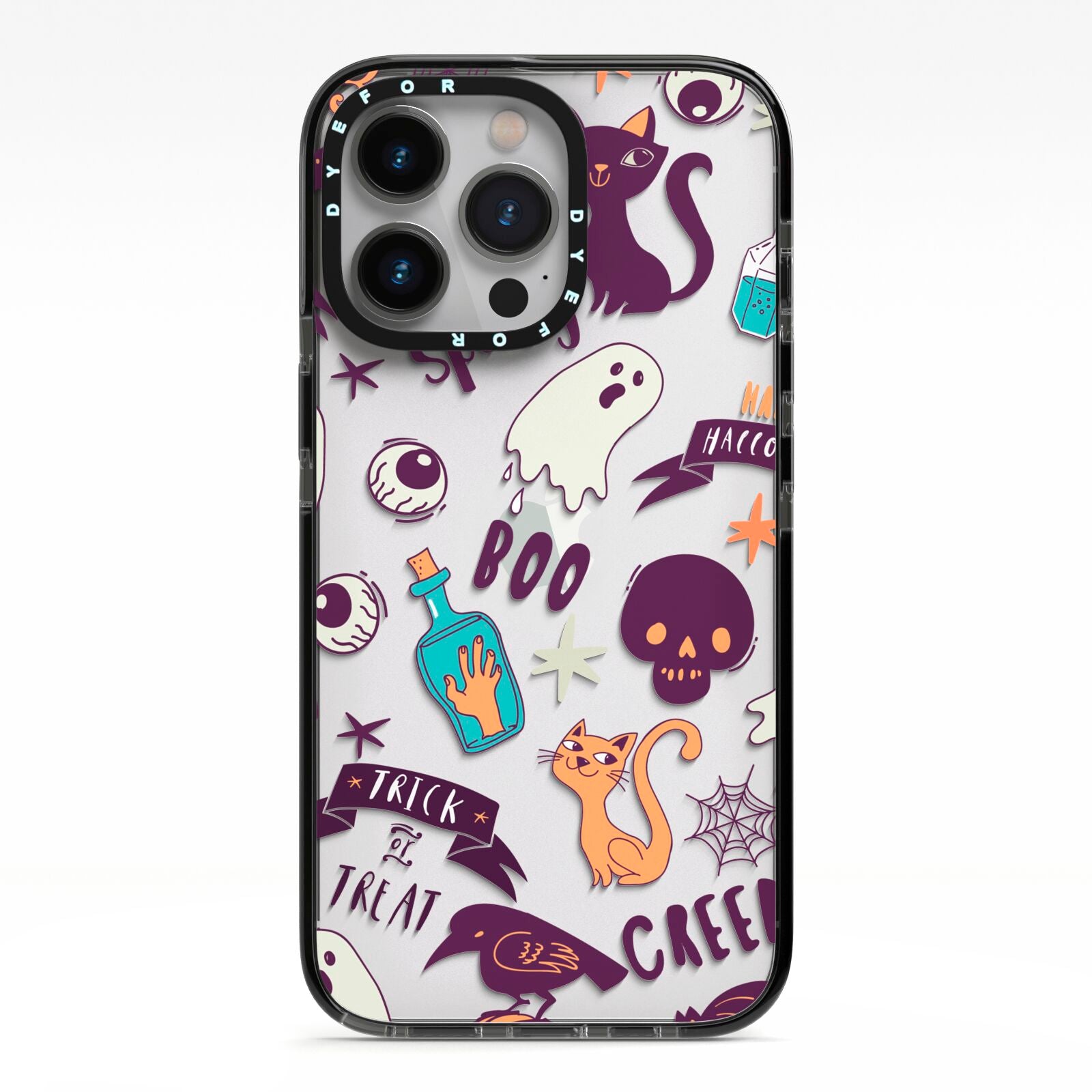 Wacky Purple and Orange Halloween Images iPhone 13 Pro Black Impact Case on Silver phone