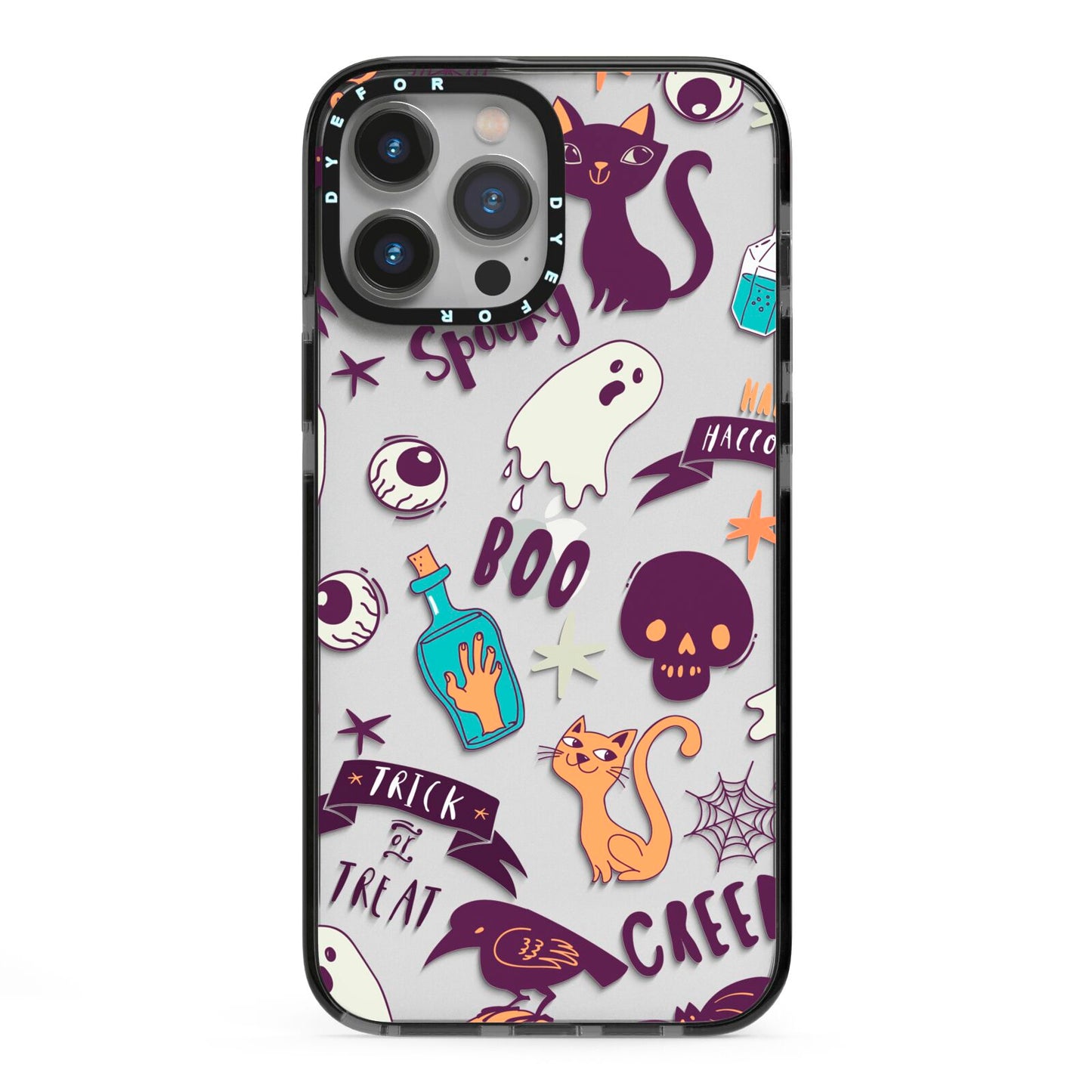 Wacky Purple and Orange Halloween Images iPhone 13 Pro Max Black Impact Case on Silver phone