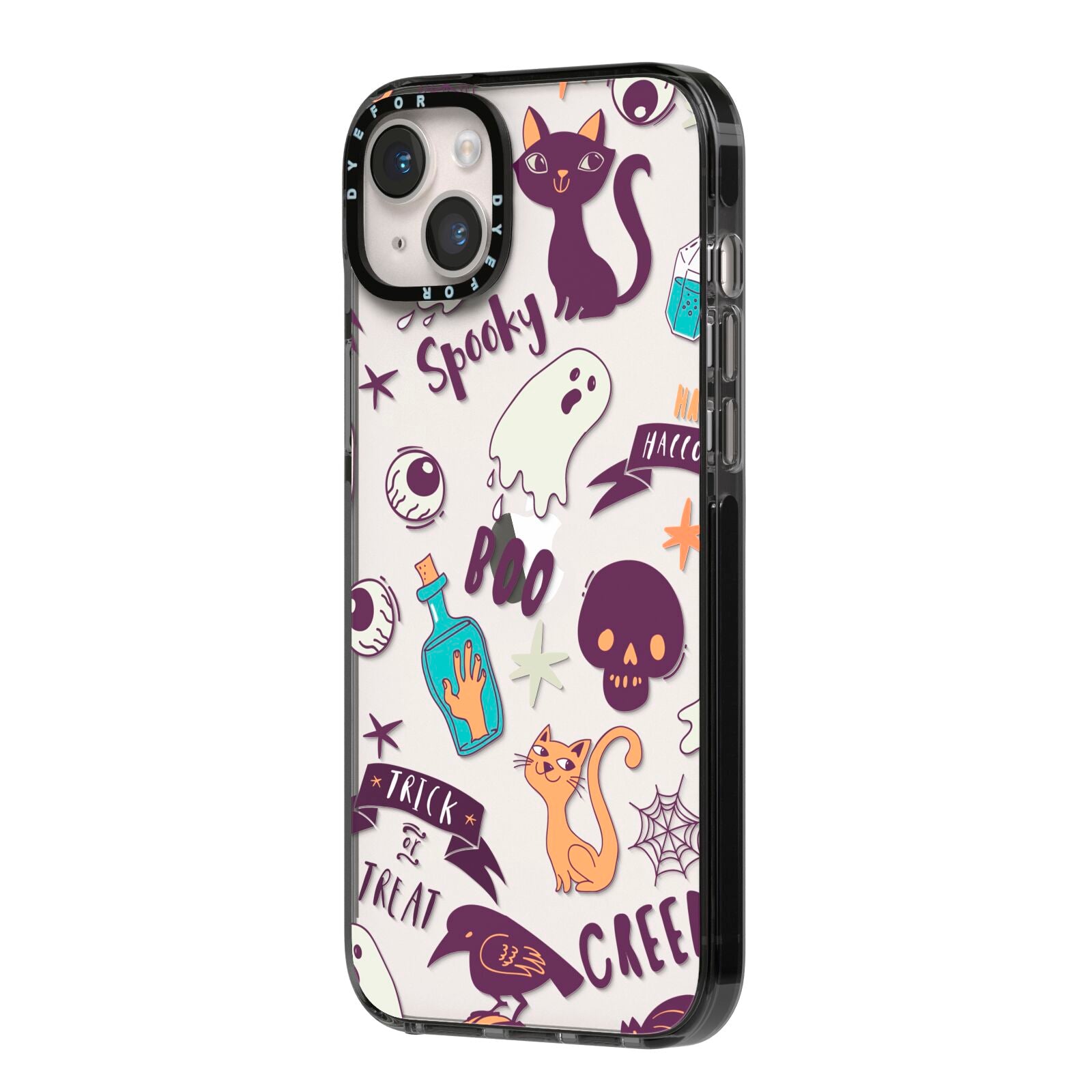Wacky Purple and Orange Halloween Images iPhone 14 Plus Black Impact Case Side Angle on Silver phone