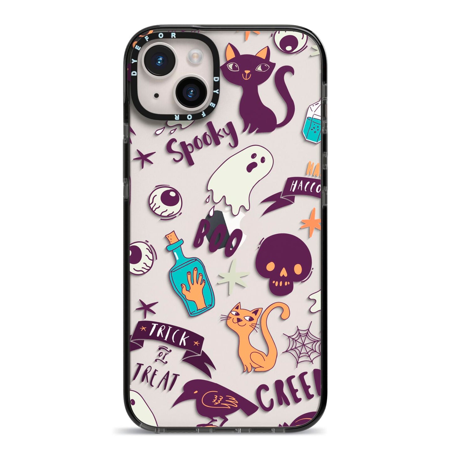 Wacky Purple and Orange Halloween Images iPhone 14 Plus Black Impact Case on Silver phone