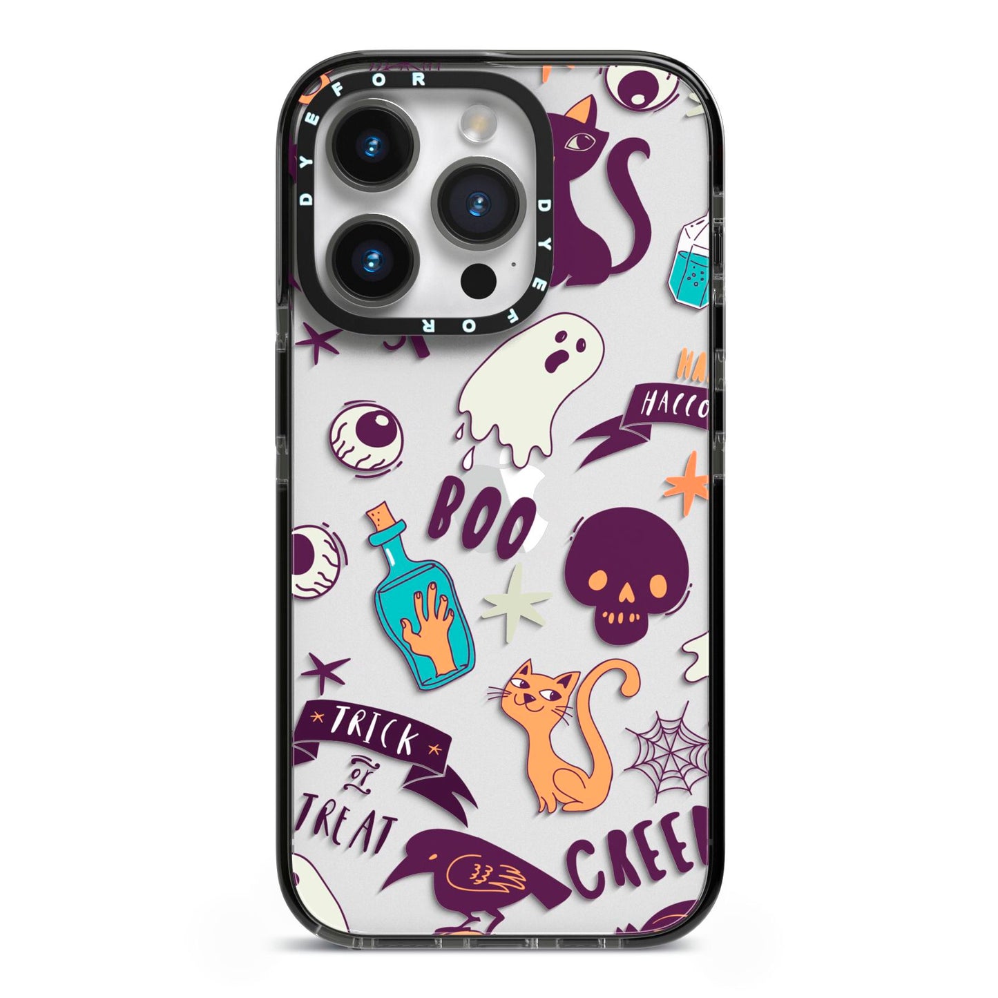 Wacky Purple and Orange Halloween Images iPhone 14 Pro Black Impact Case on Silver phone