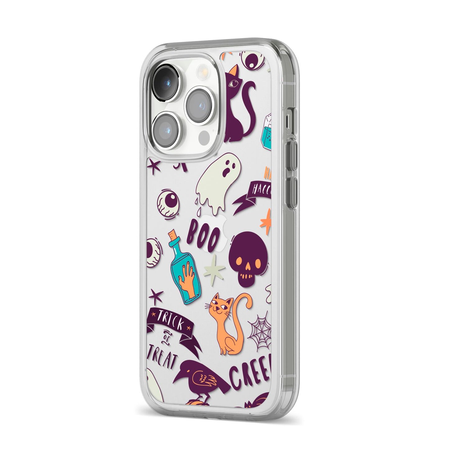 Wacky Purple and Orange Halloween Images iPhone 14 Pro Clear Tough Case Silver Angled Image