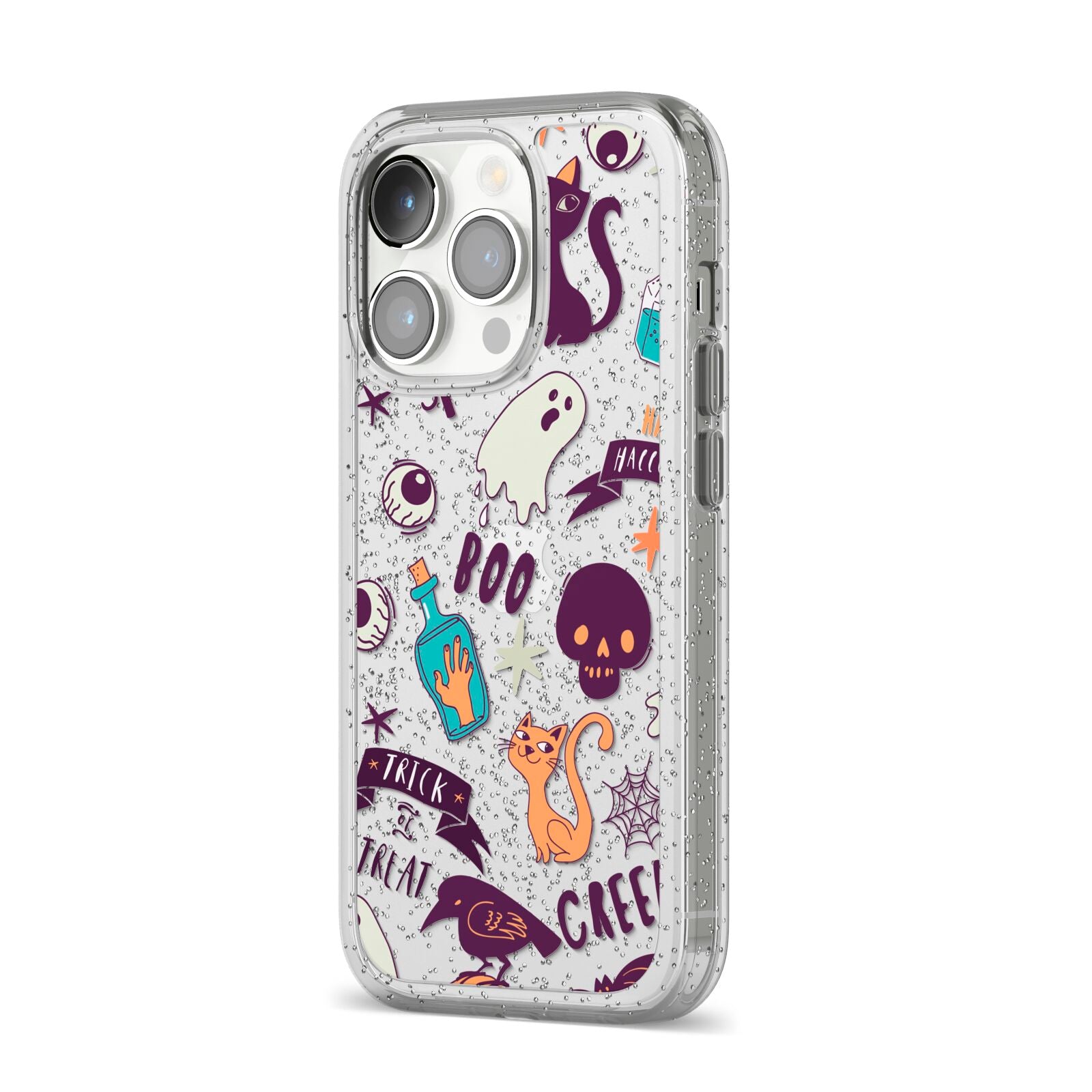 Wacky Purple and Orange Halloween Images iPhone 14 Pro Glitter Tough Case Silver Angled Image