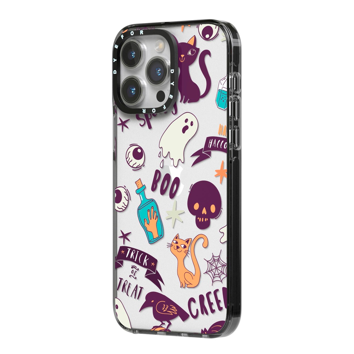 Wacky Purple and Orange Halloween Images iPhone 14 Pro Max Black Impact Case Side Angle on Silver phone