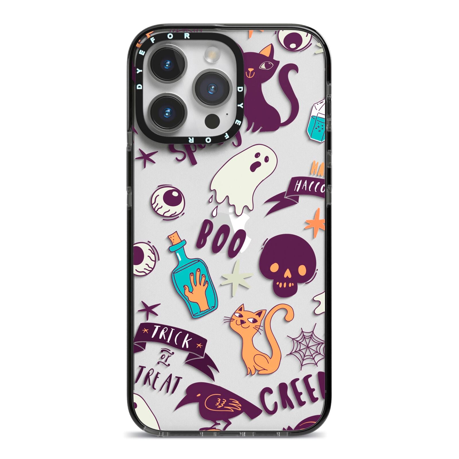 Wacky Purple and Orange Halloween Images iPhone 14 Pro Max Black Impact Case on Silver phone