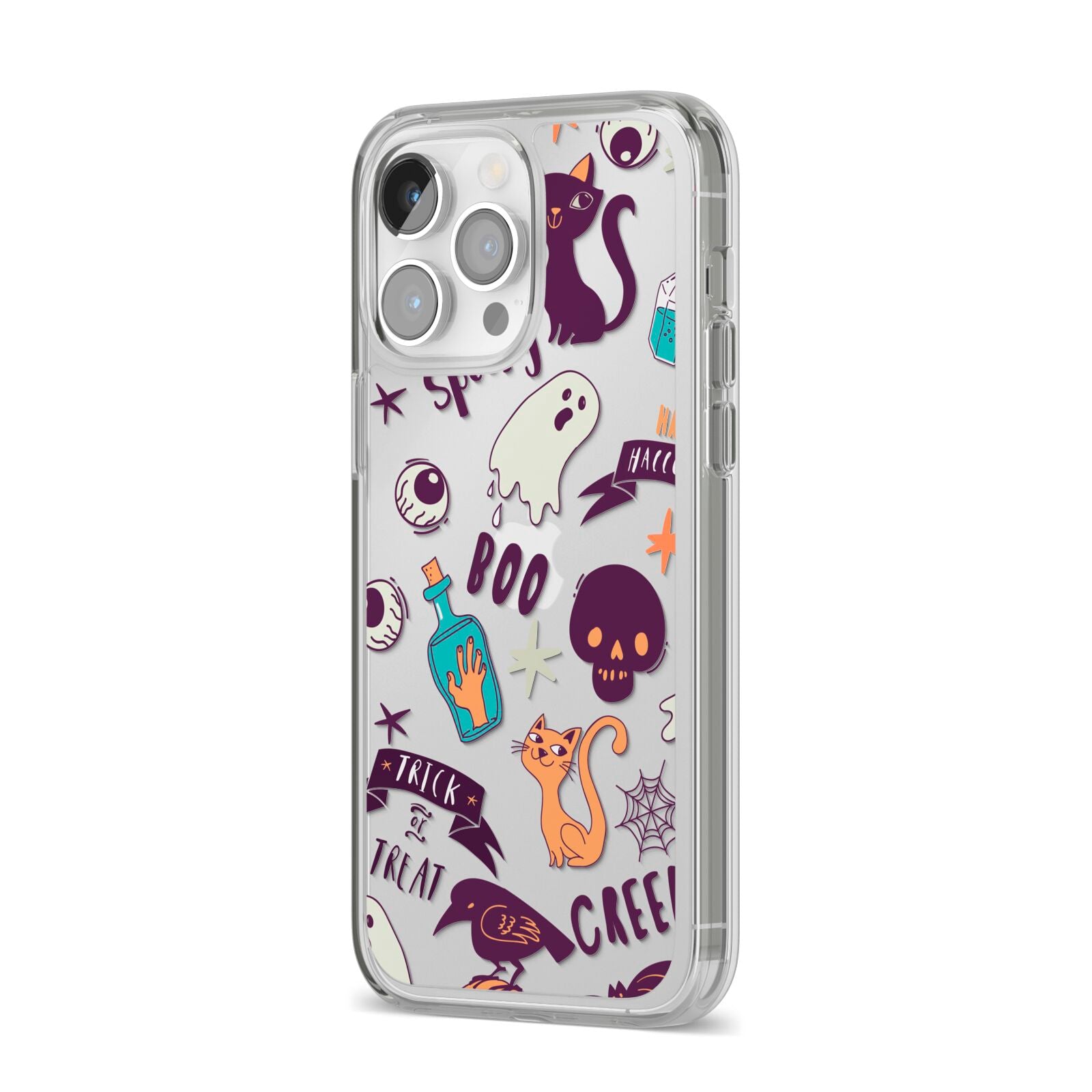Wacky Purple and Orange Halloween Images iPhone 14 Pro Max Clear Tough Case Silver Angled Image