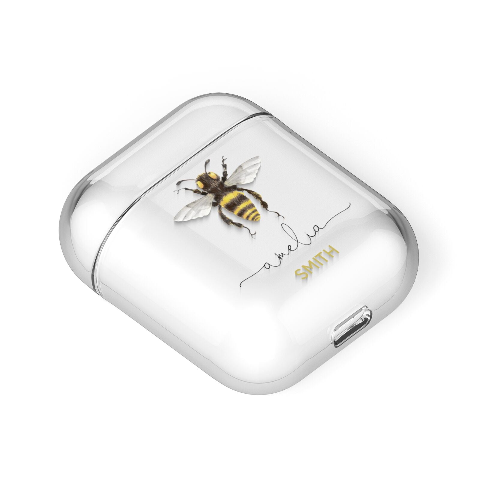 Watercolour Bee Personalised Name AirPods Case Laid Flat
