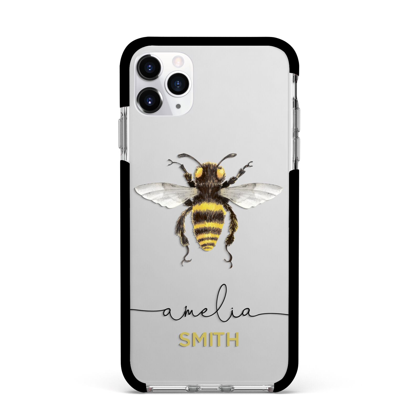 Watercolour Bee Personalised Name Apple iPhone 11 Pro Max in Silver with Black Impact Case