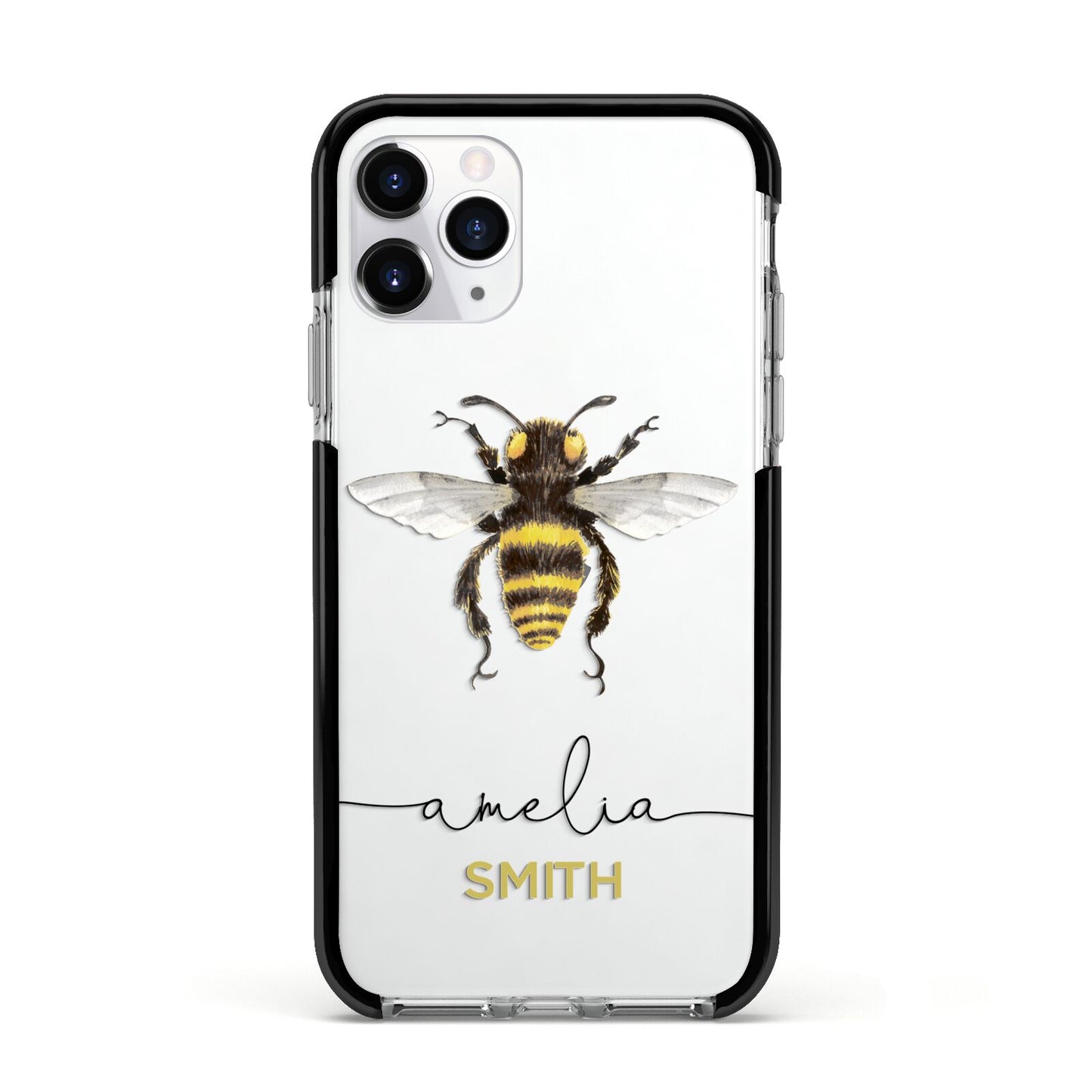 Watercolour Bee Personalised Name Apple iPhone 11 Pro in Silver with Black Impact Case