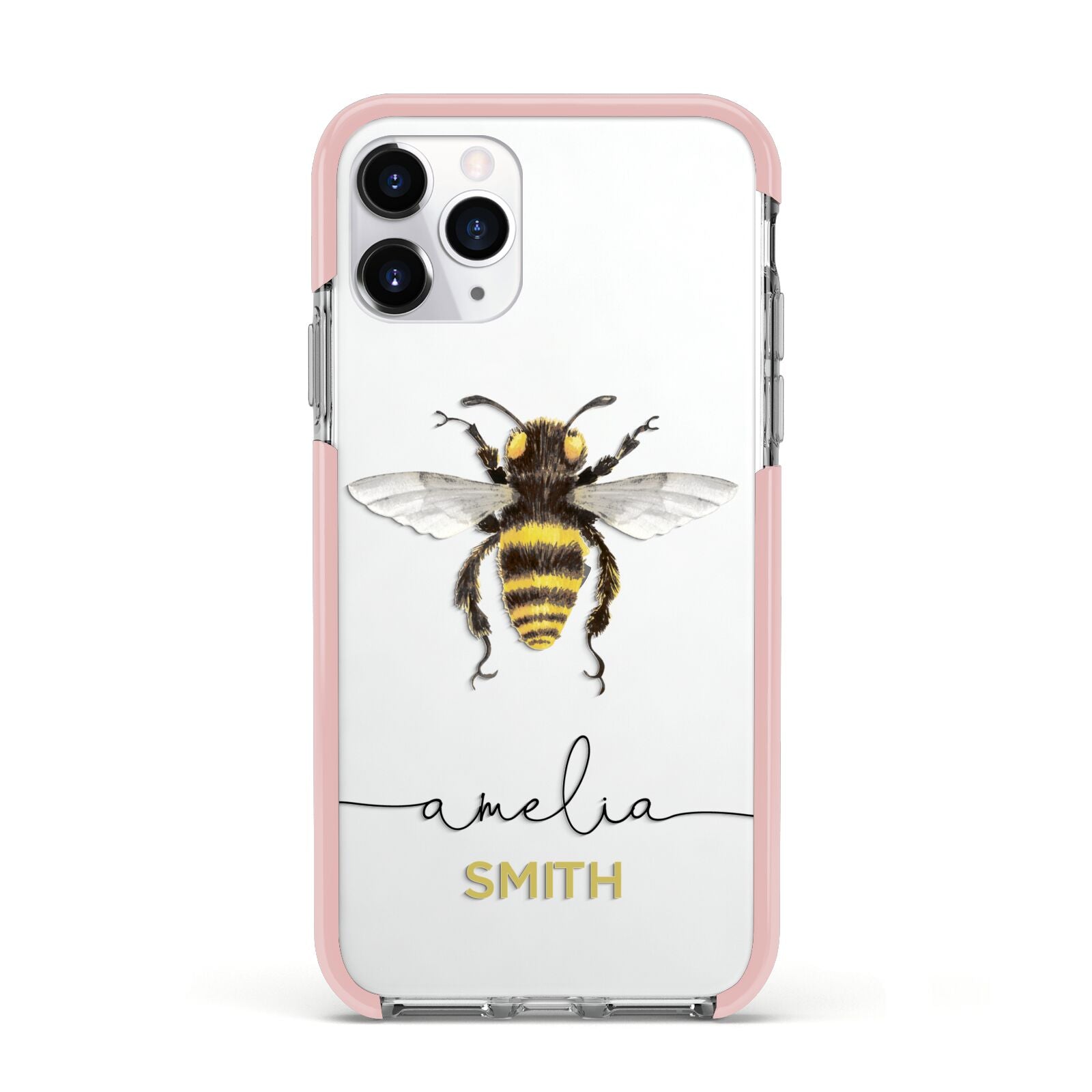 Watercolour Bee Personalised Name Apple iPhone 11 Pro in Silver with Pink Impact Case