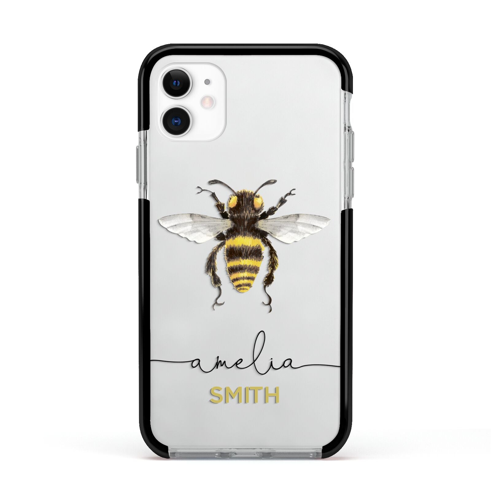 Watercolour Bee Personalised Name Apple iPhone 11 in White with Black Impact Case