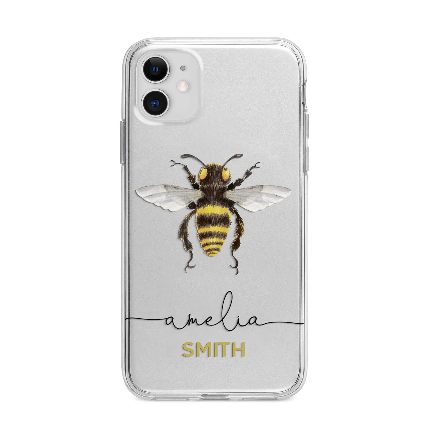 Watercolour Bee Personalised Name Apple iPhone 11 in White with Bumper Case