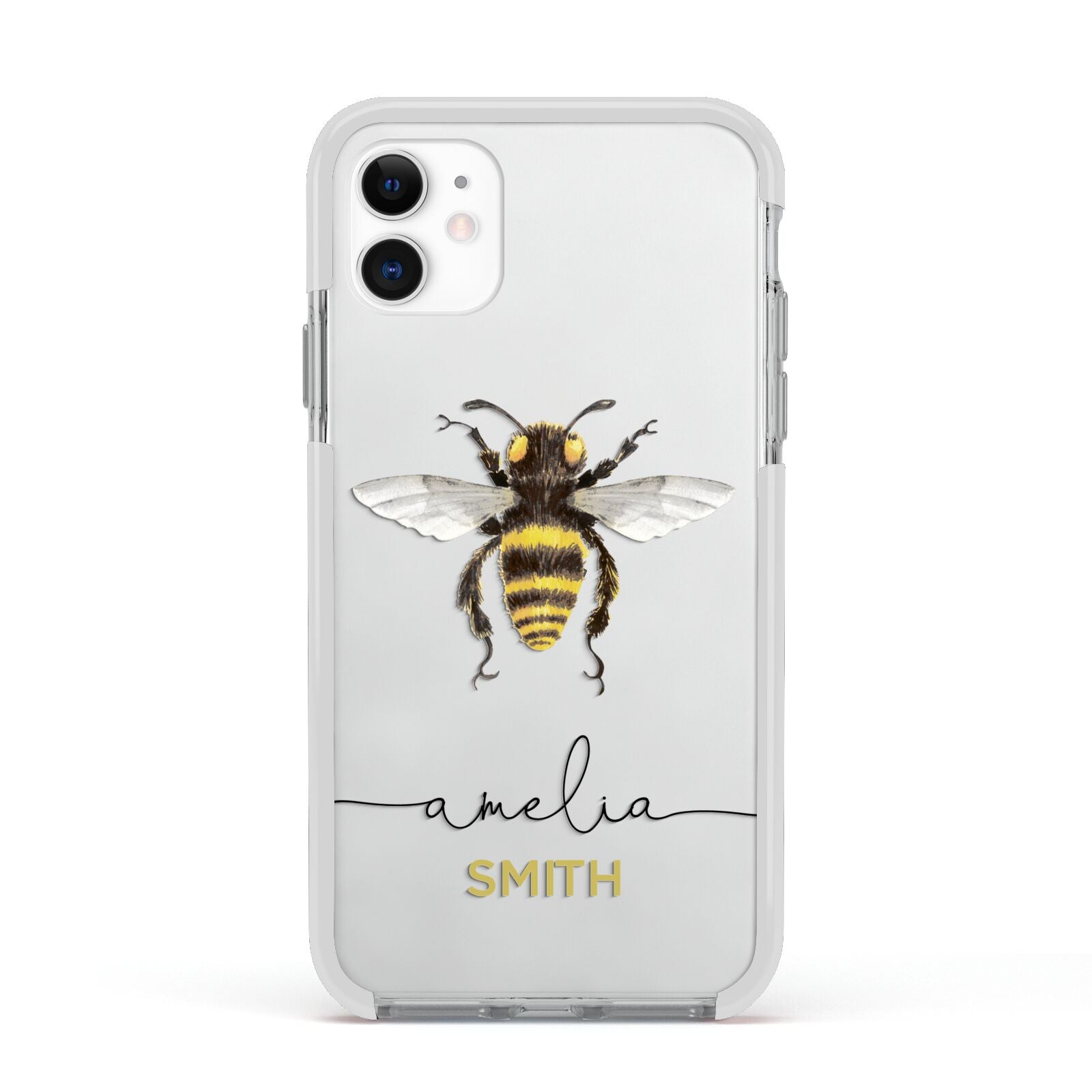Watercolour Bee Personalised Name Apple iPhone 11 in White with White Impact Case