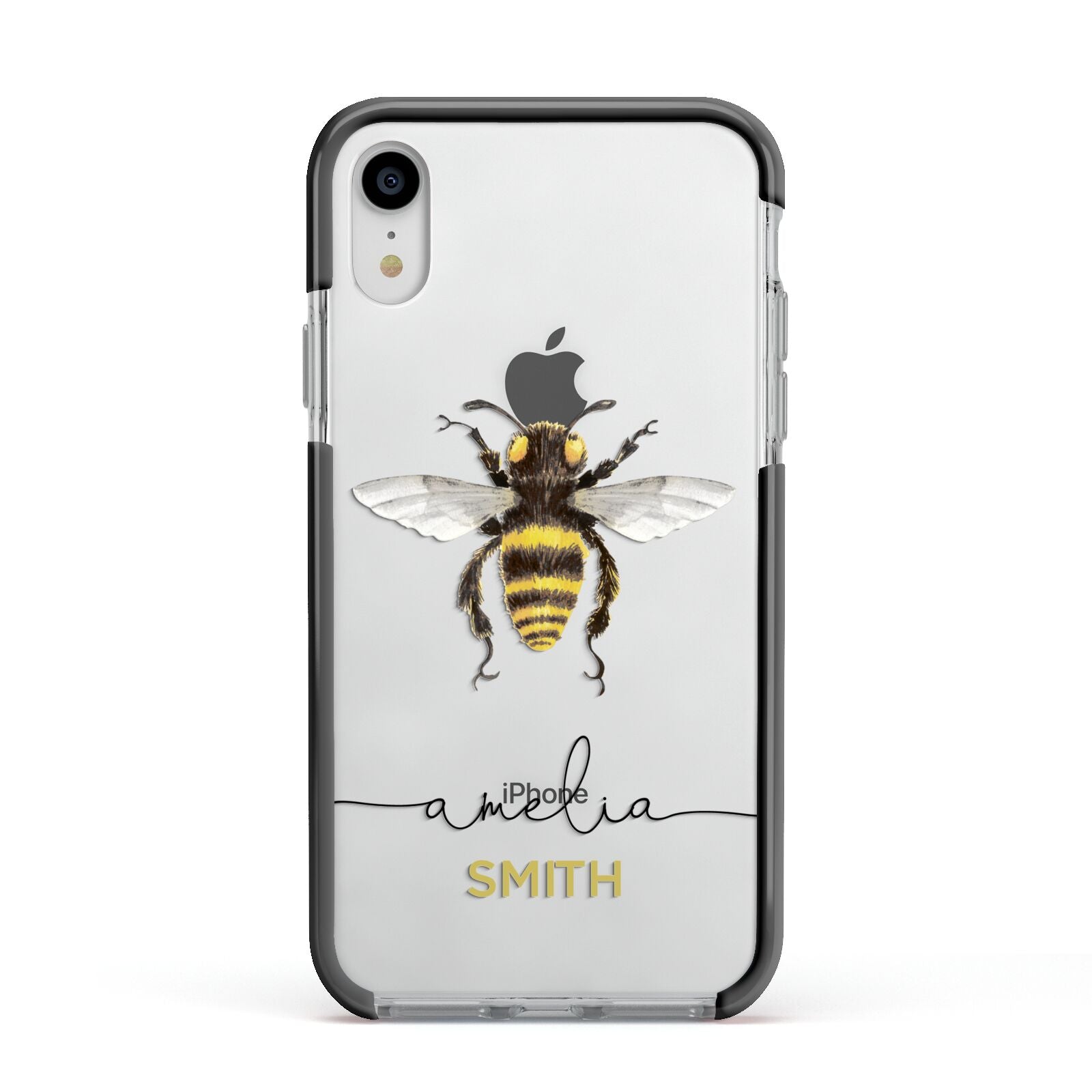 Watercolour Bee Personalised Name Apple iPhone XR Impact Case Black Edge on Silver Phone