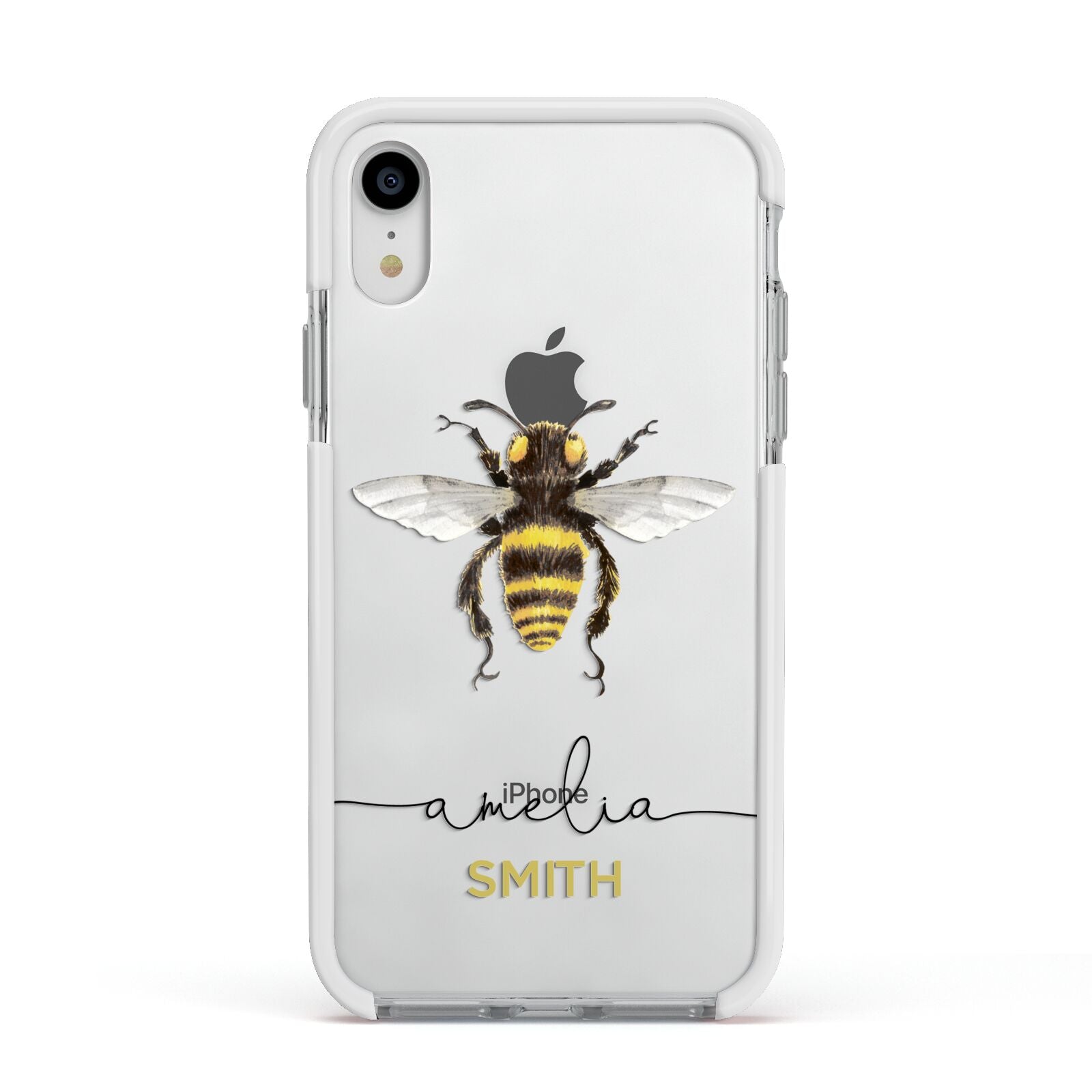 Watercolour Bee Personalised Name Apple iPhone XR Impact Case White Edge on Silver Phone