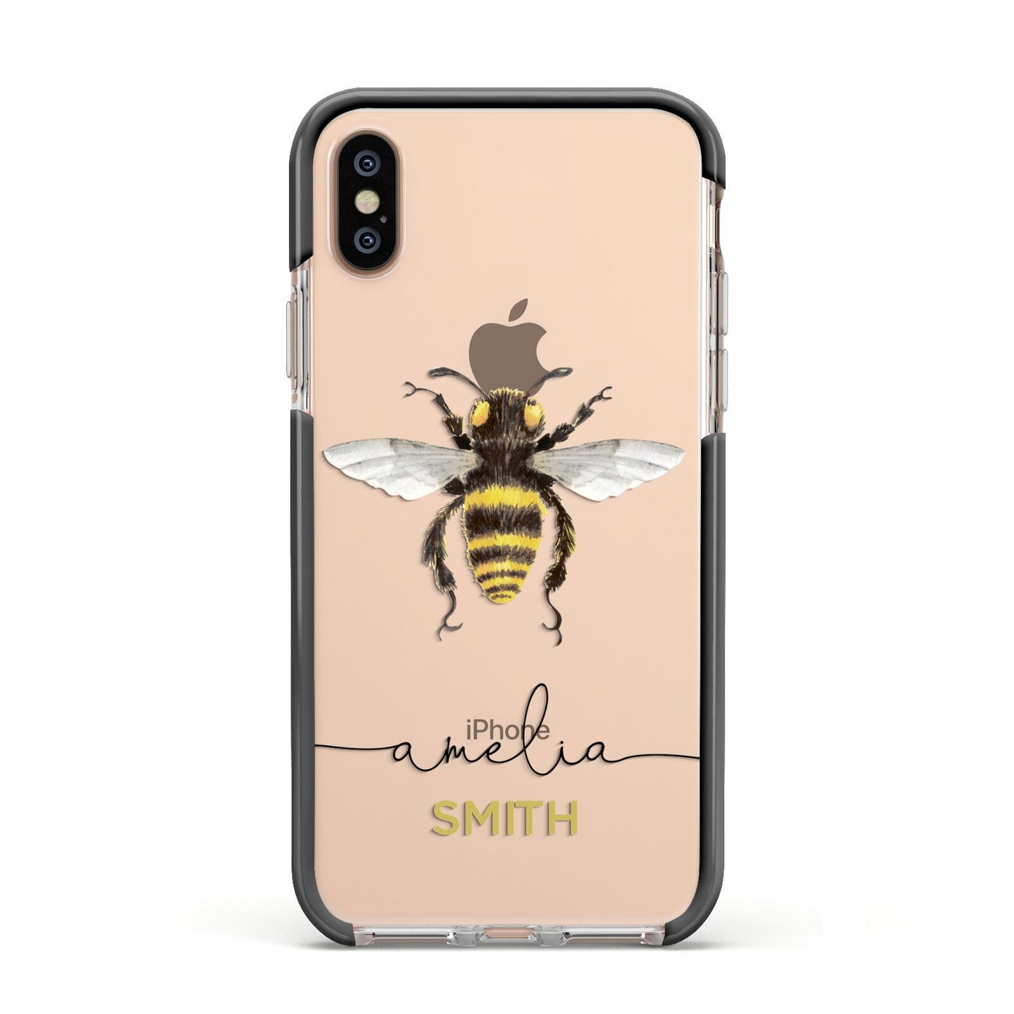 Watercolour Bee Personalised Name Apple iPhone Xs Impact Case Black Edge on Gold Phone