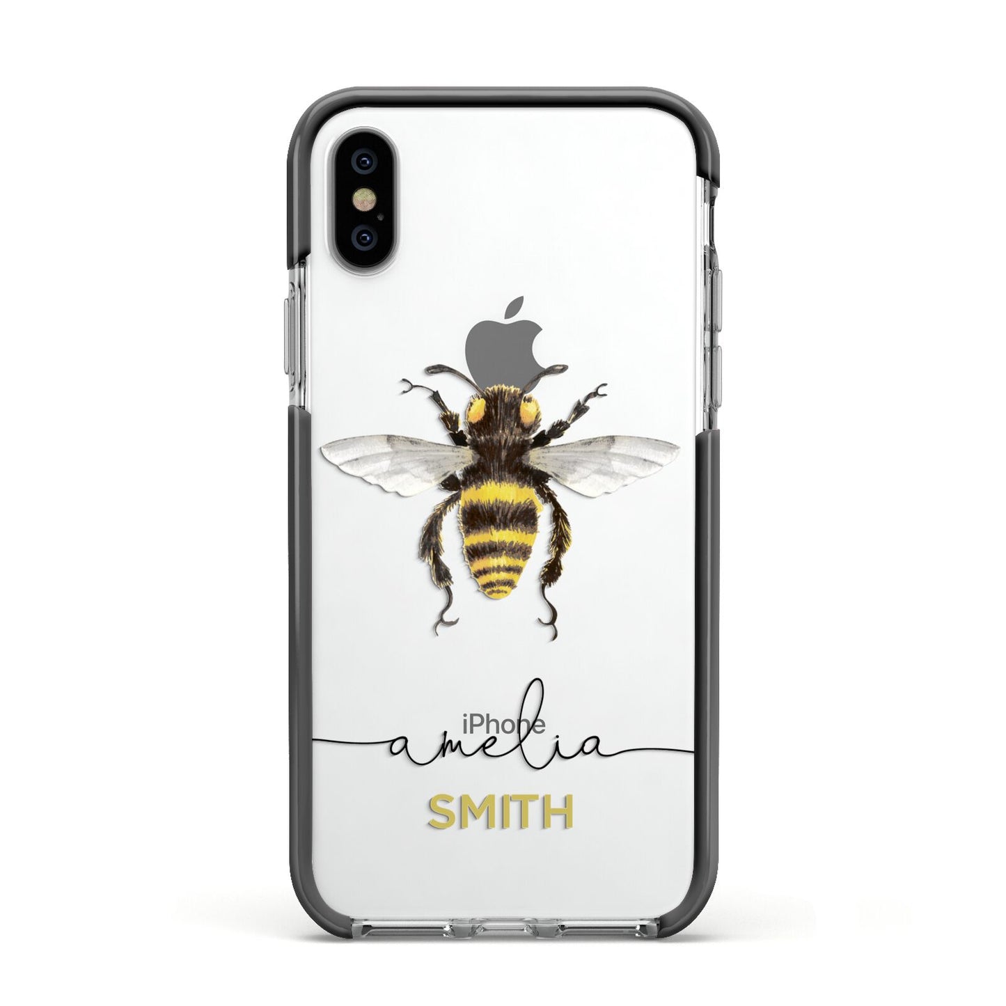 Watercolour Bee Personalised Name Apple iPhone Xs Impact Case Black Edge on Silver Phone