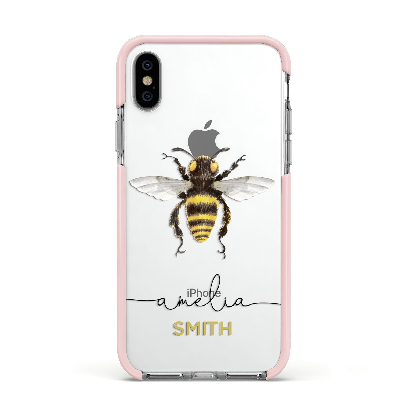 Watercolour Bee Personalised Name Apple iPhone Xs Impact Case Pink Edge on Silver Phone