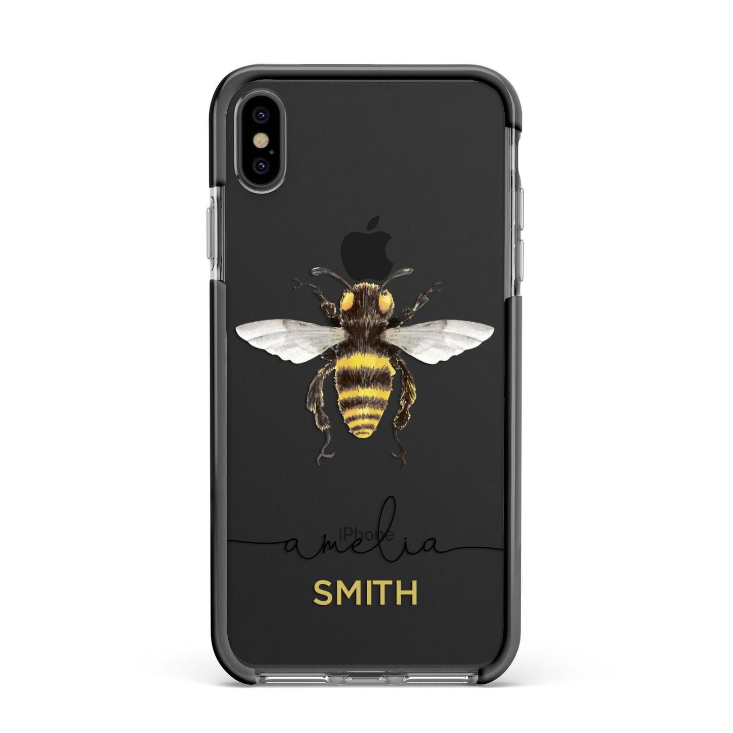 Watercolour Bee Personalised Name Apple iPhone Xs Max Impact Case Black Edge on Black Phone