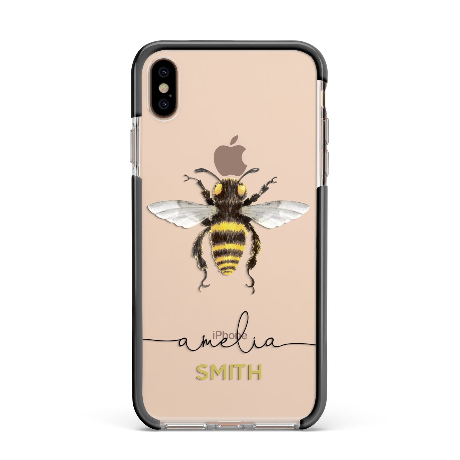 Watercolour Bee Personalised Name Apple iPhone Xs Max Impact Case Black Edge on Gold Phone