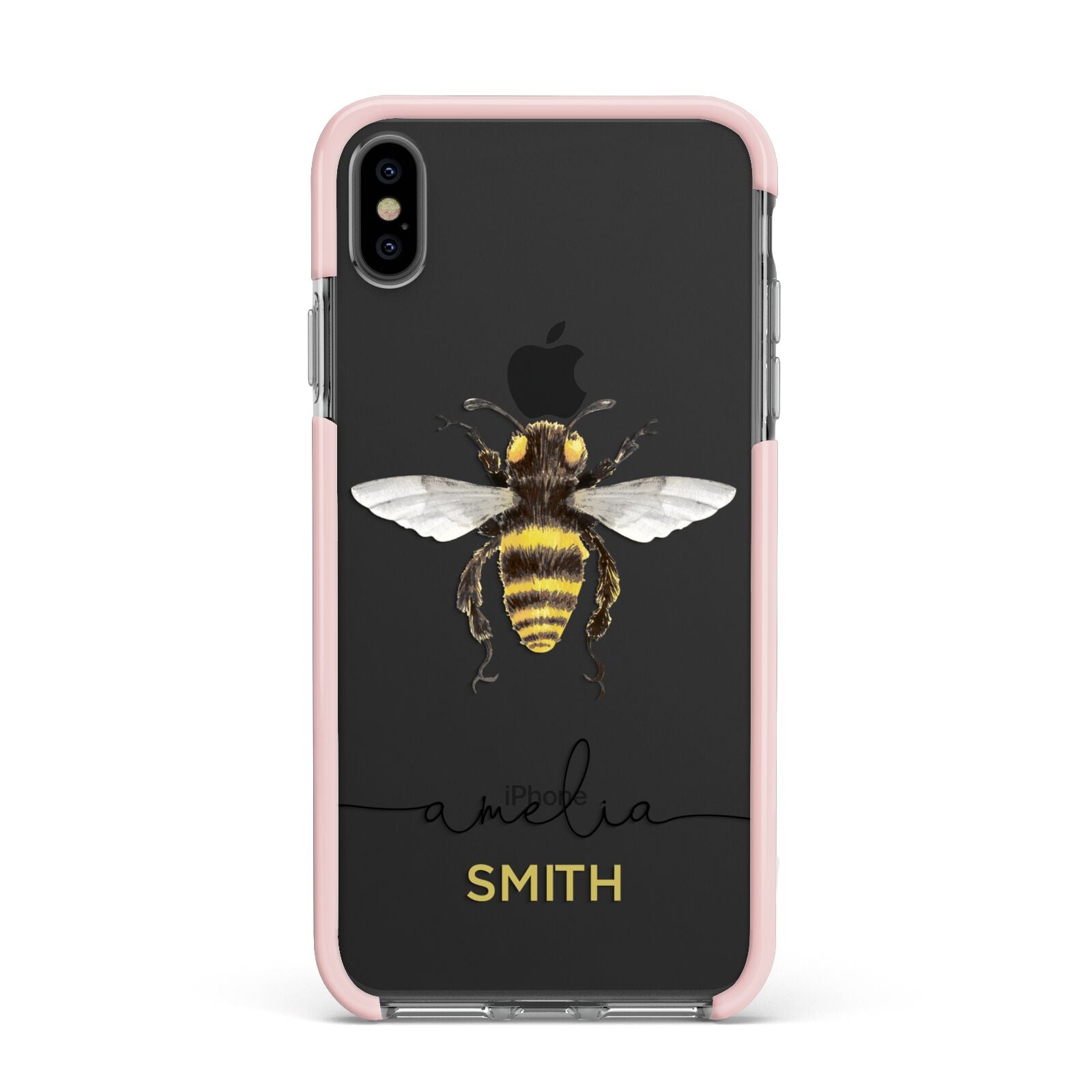 Watercolour Bee Personalised Name Apple iPhone Xs Max Impact Case Pink Edge on Black Phone
