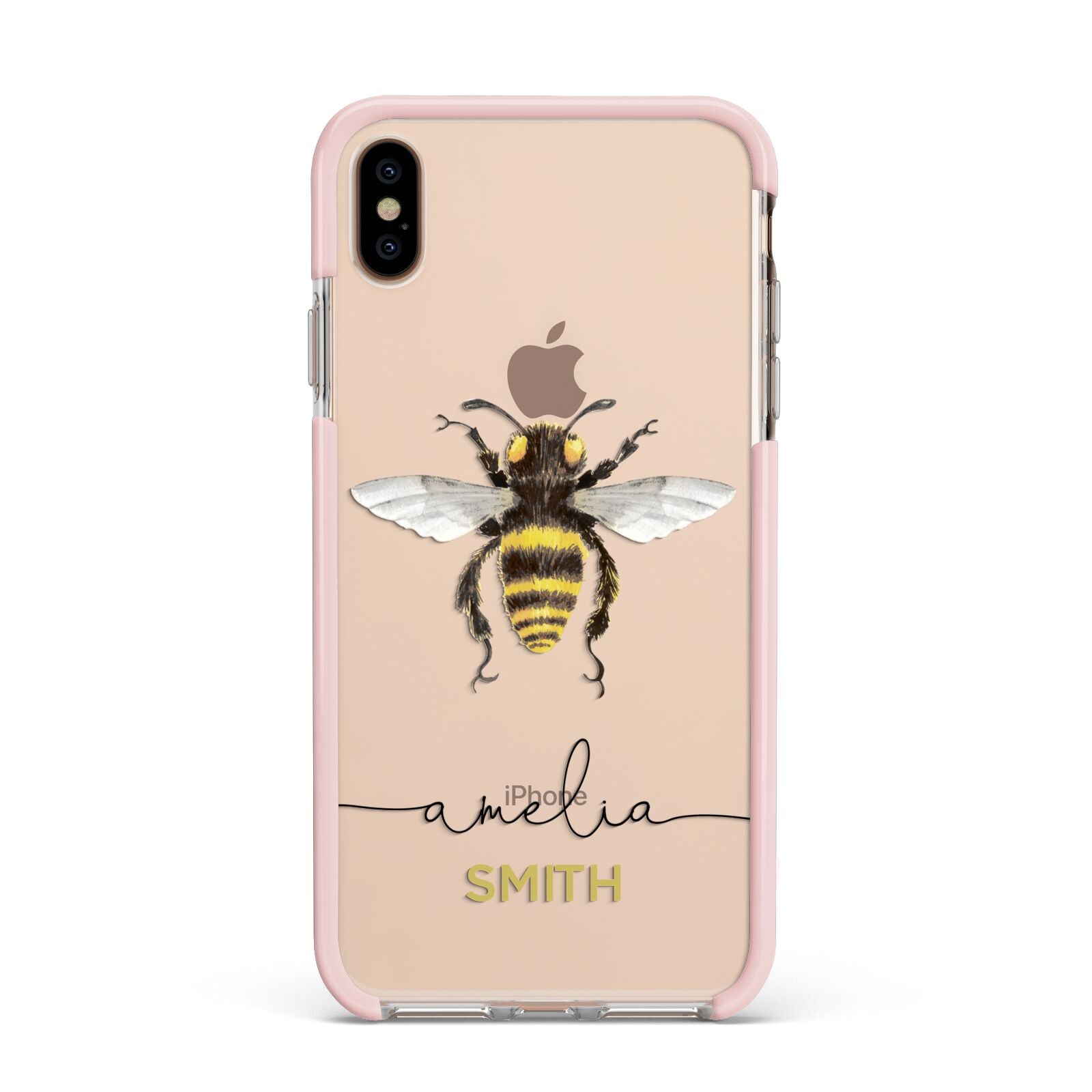 Watercolour Bee Personalised Name Apple iPhone Xs Max Impact Case Pink Edge on Gold Phone