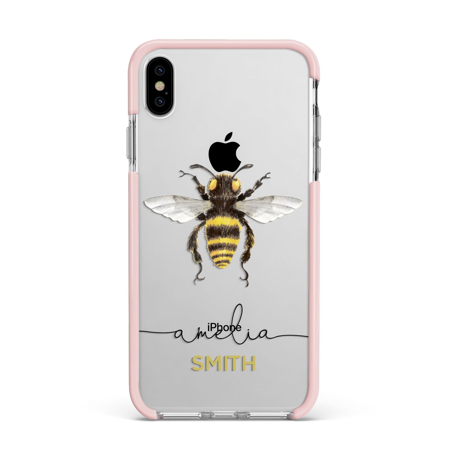 Watercolour Bee Personalised Name Apple iPhone Xs Max Impact Case Pink Edge on Silver Phone