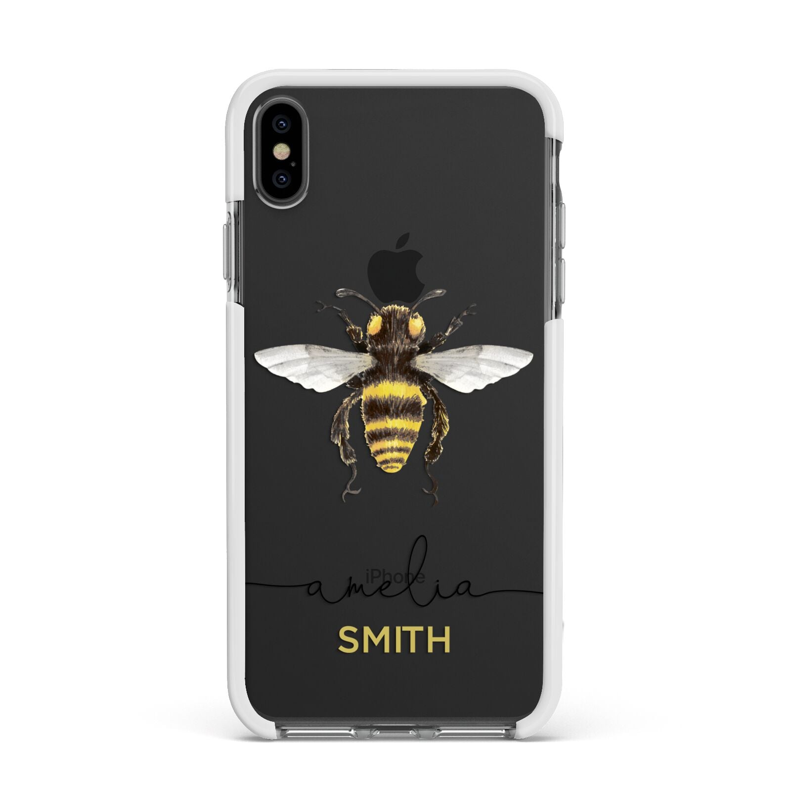 Watercolour Bee Personalised Name Apple iPhone Xs Max Impact Case White Edge on Black Phone