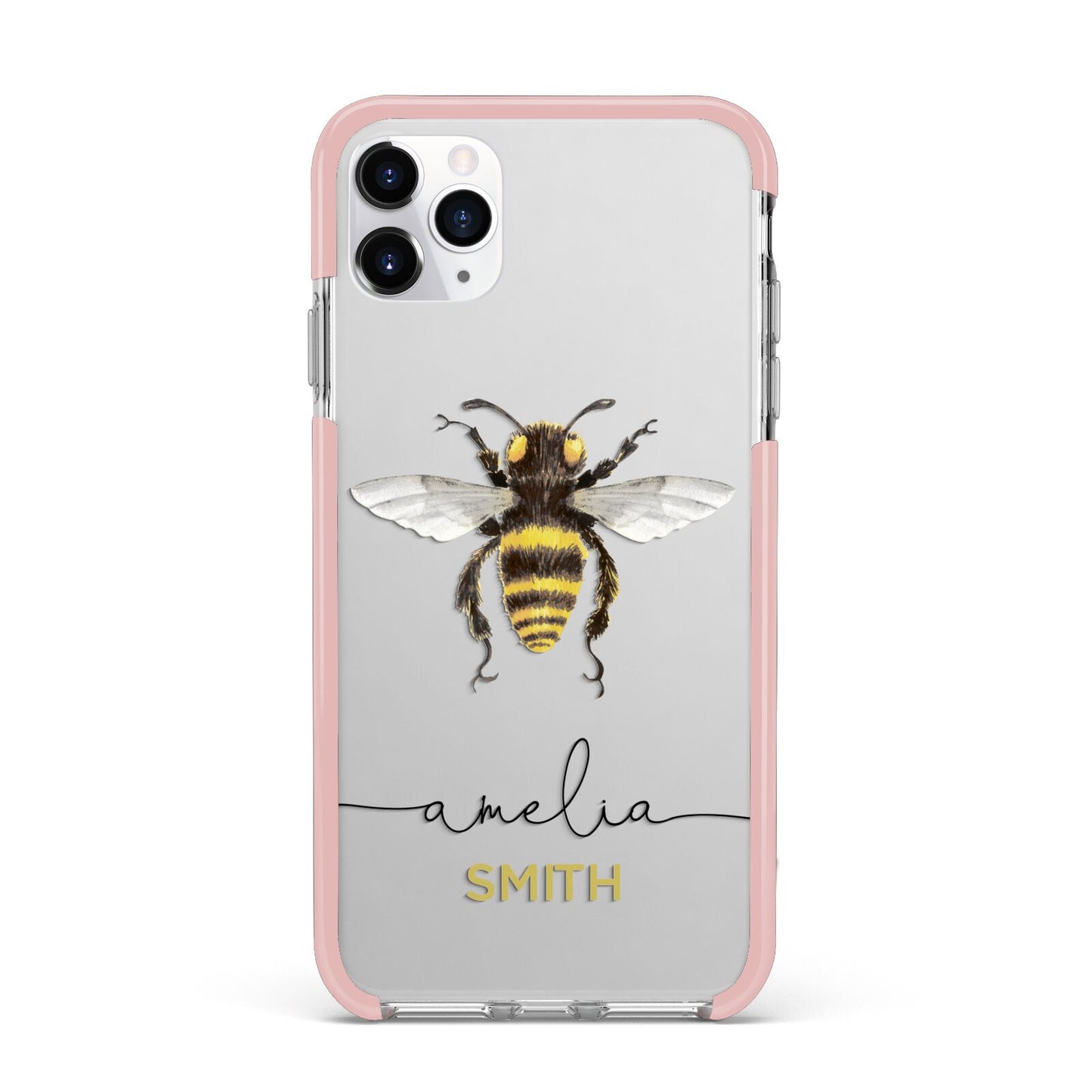 Watercolour Bee Personalised Name iPhone 11 Pro Max Impact Pink Edge Case