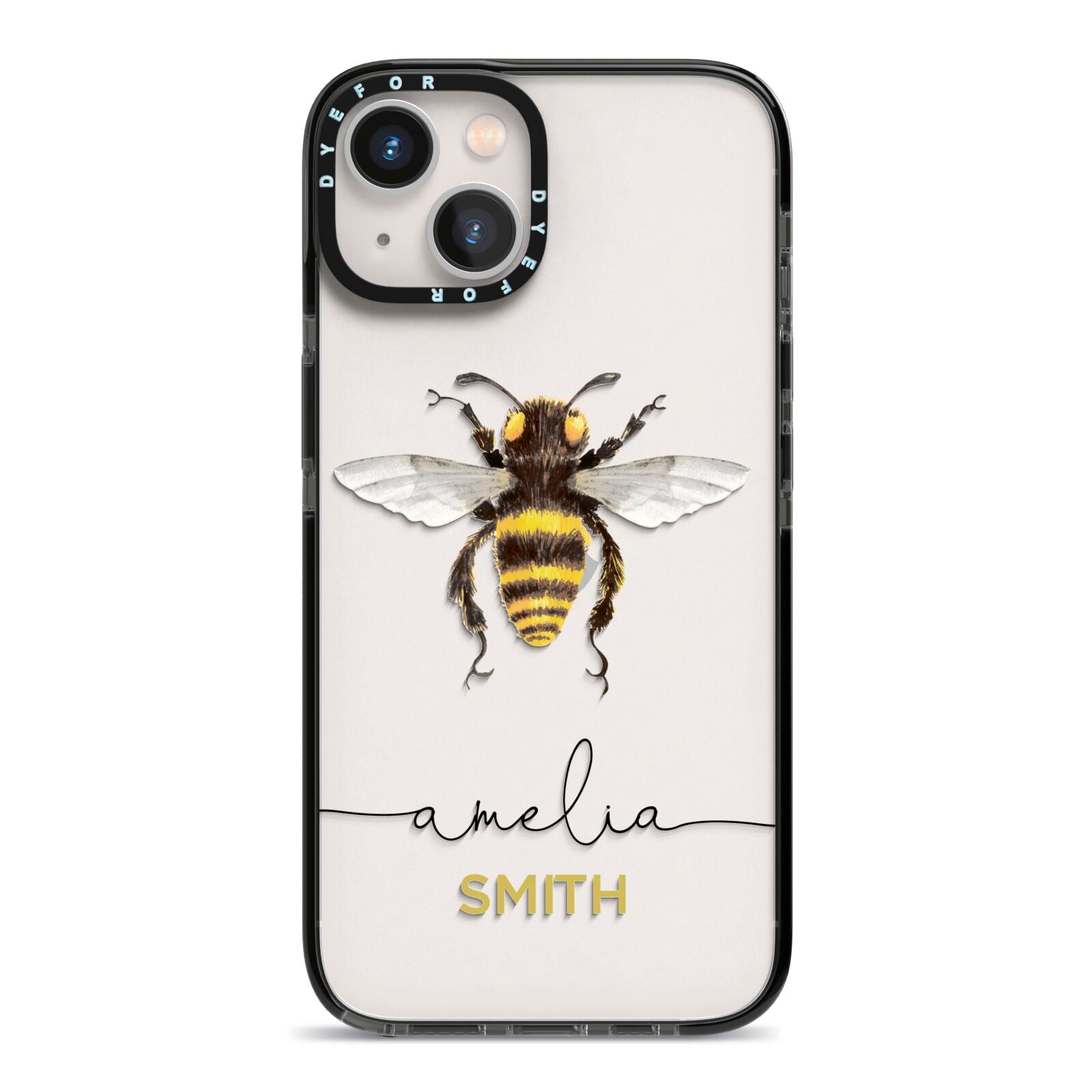 Watercolour Bee Personalised Name iPhone 13 Black Impact Case on Silver phone