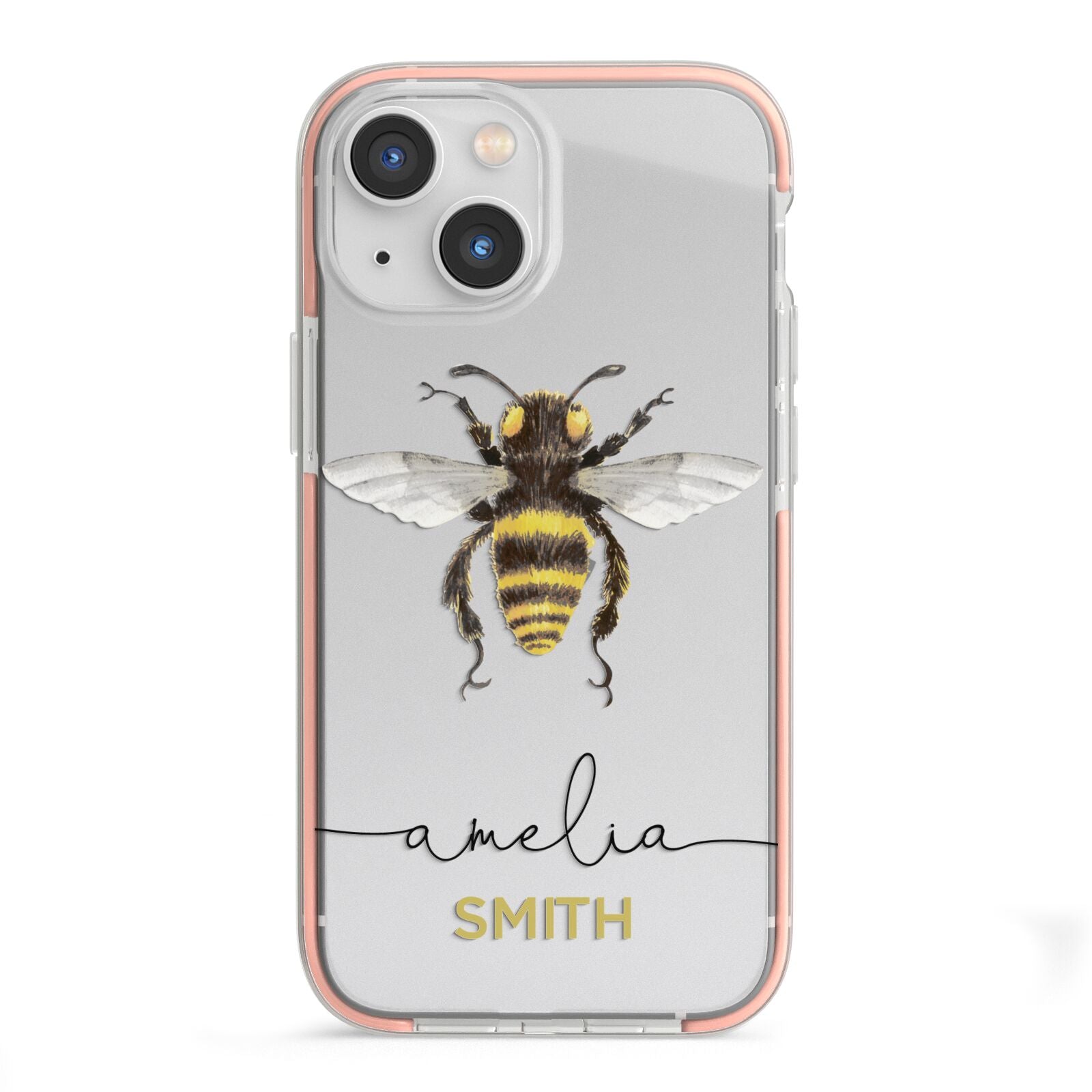 Watercolour Bee Personalised Name iPhone 13 Mini TPU Impact Case with Pink Edges
