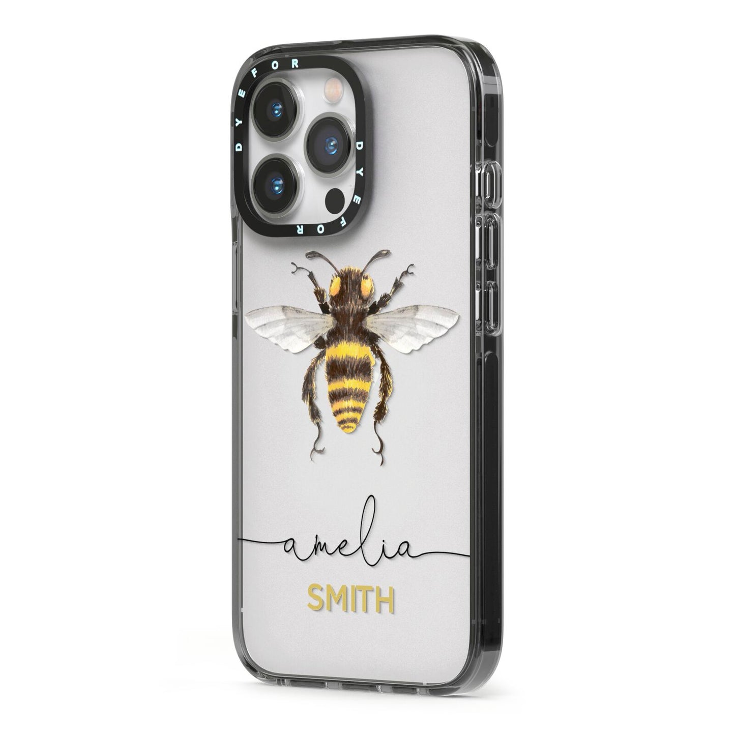 Watercolour Bee Personalised Name iPhone 13 Pro Black Impact Case Side Angle on Silver phone
