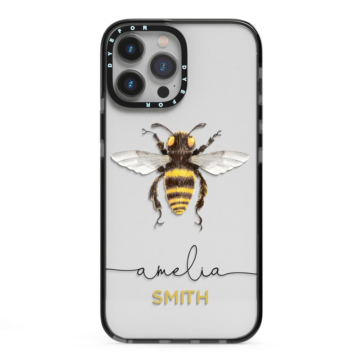 Watercolour Bee Personalised Name iPhone 13 Pro Max Black Impact Case on Silver phone