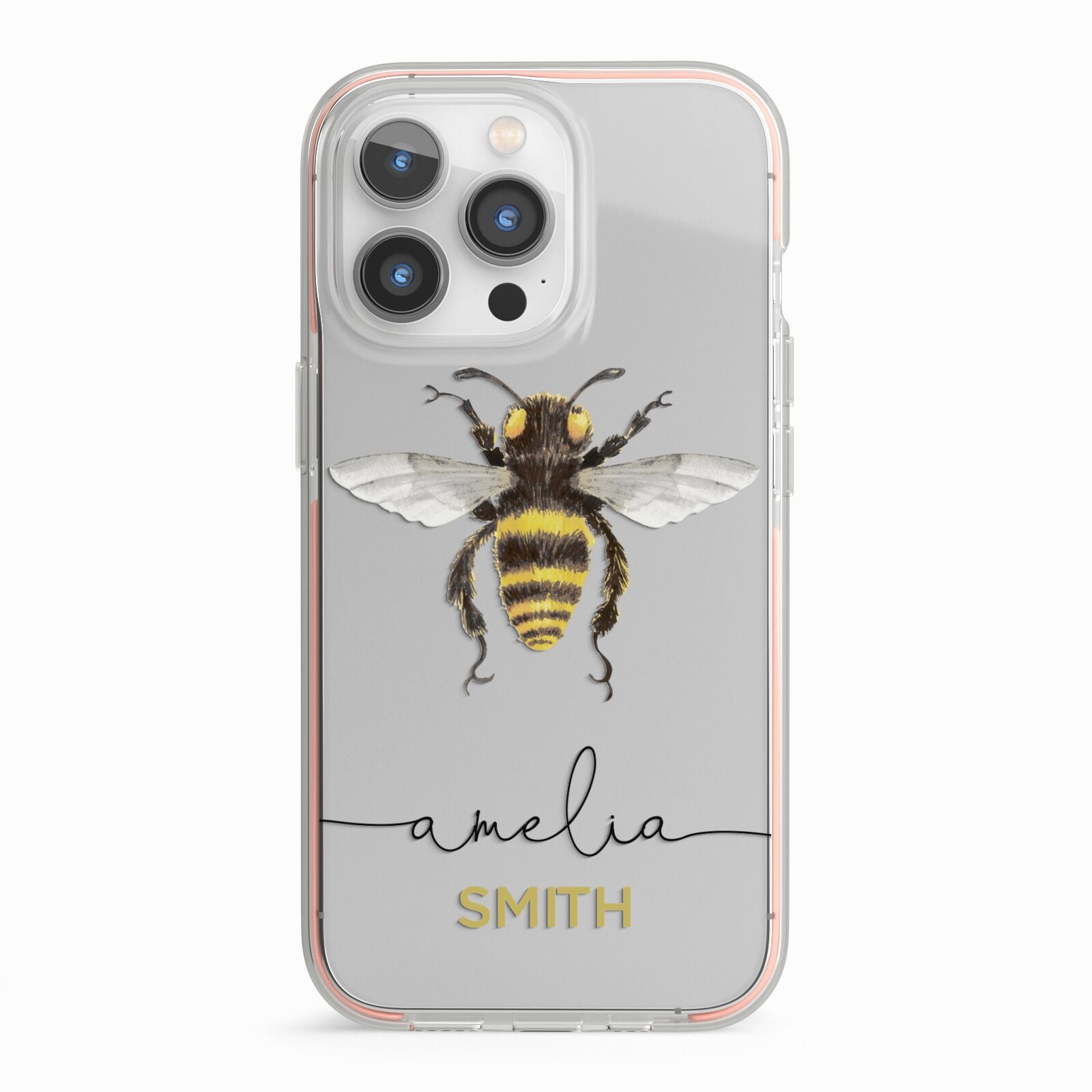 Watercolour Bee Personalised Name iPhone 13 Pro TPU Impact Case with Pink Edges