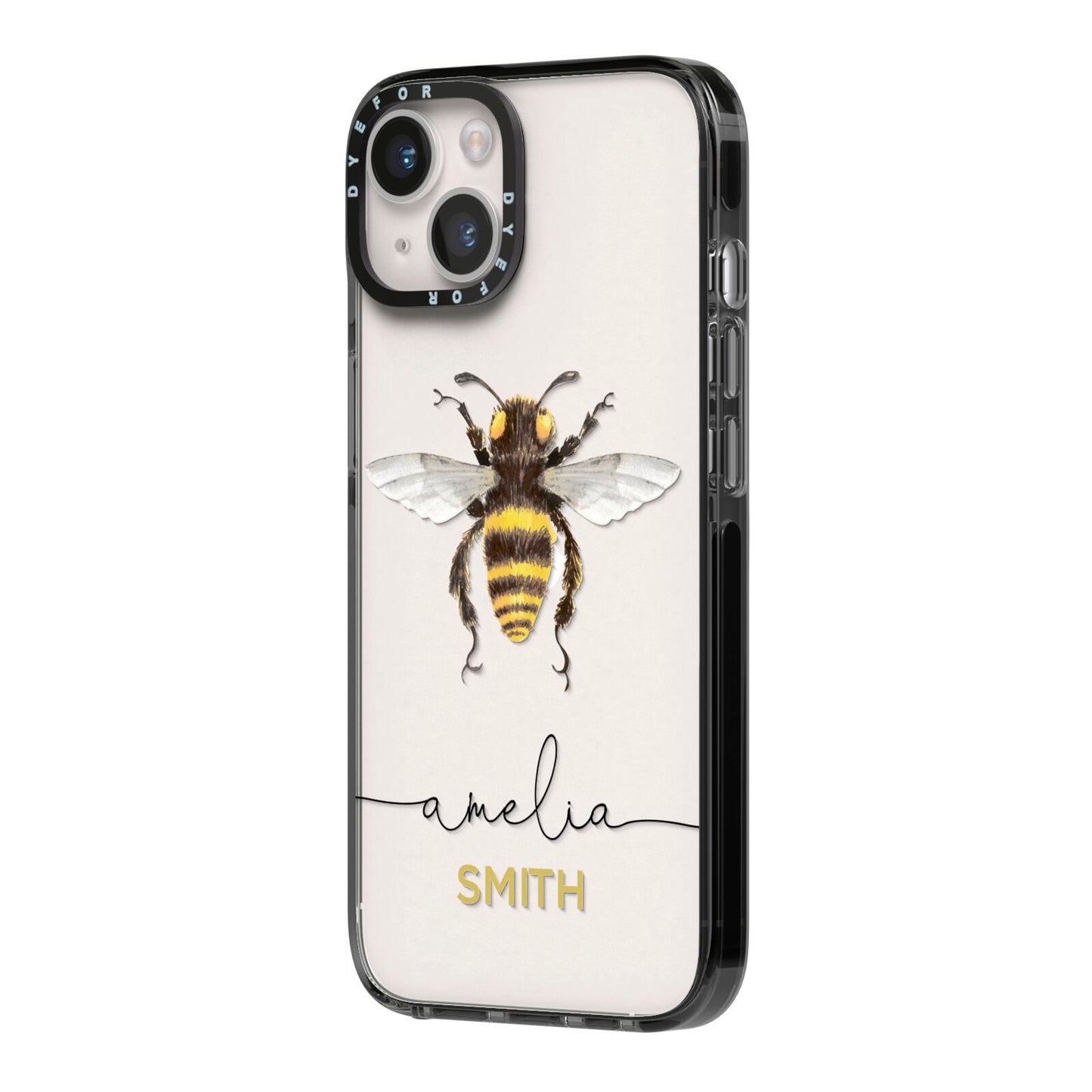 Watercolour Bee Personalised Name iPhone 14 Black Impact Case Side Angle on Silver phone