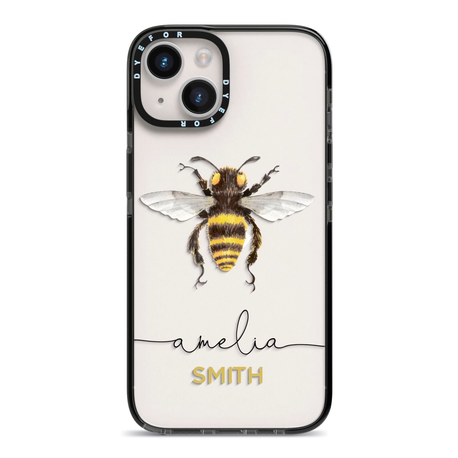 Watercolour Bee Personalised Name iPhone 14 Black Impact Case on Silver phone
