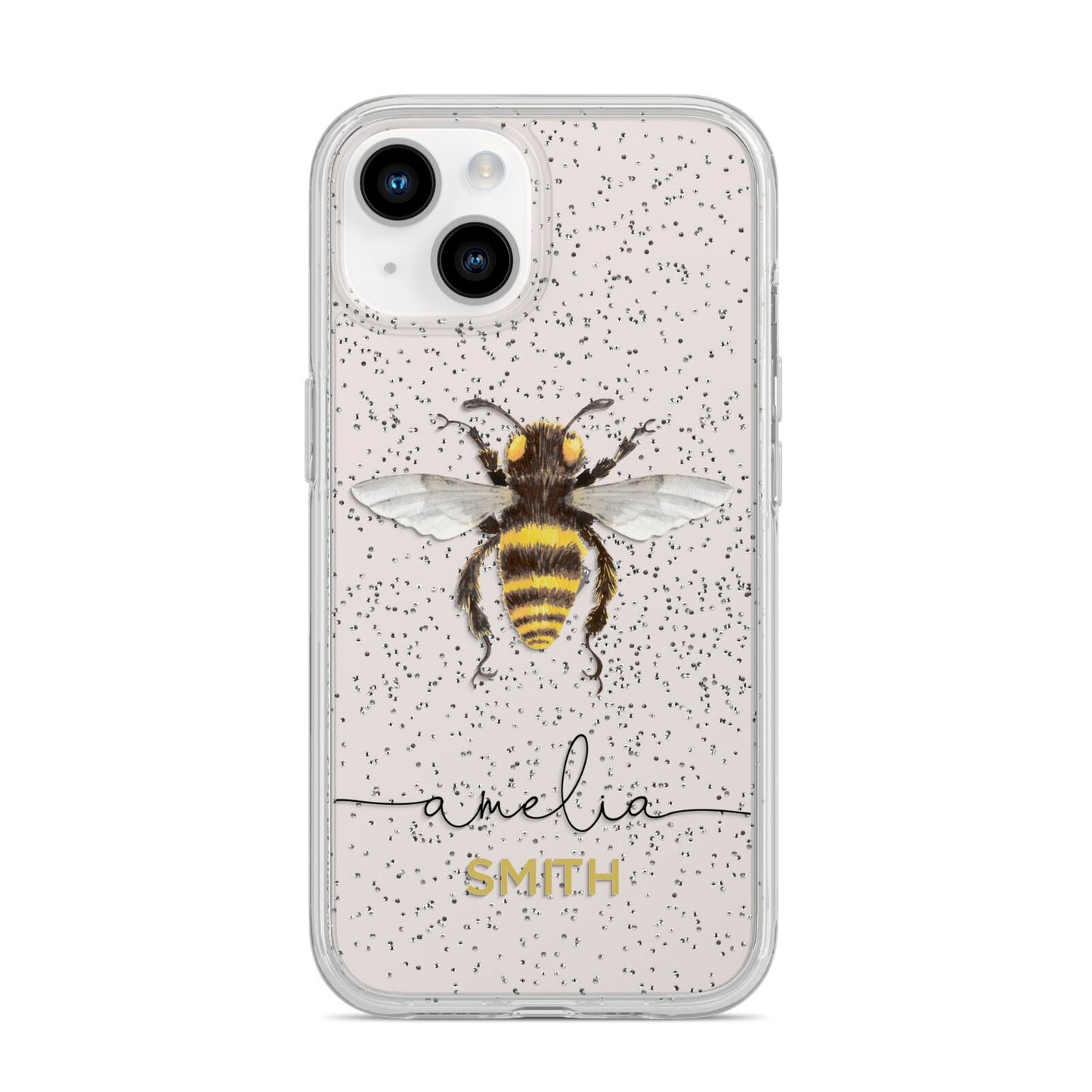 Watercolour Bee Personalised Name iPhone 14 Glitter Tough Case Starlight